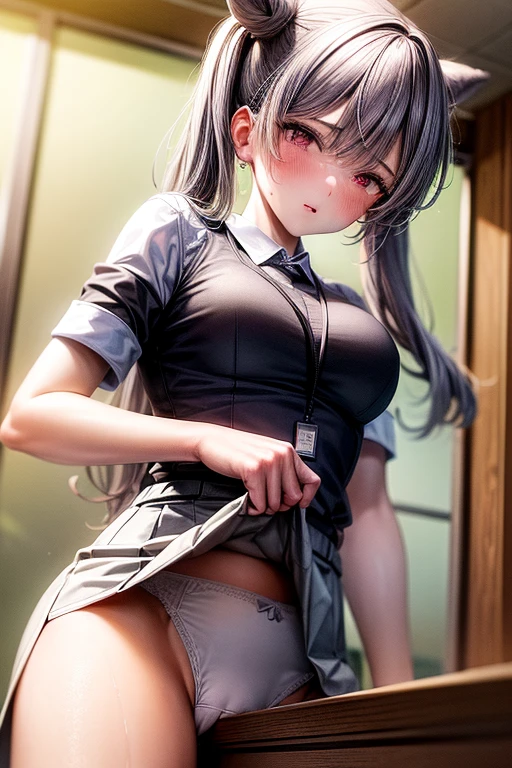 1girl, table humping, crotch rub, white shirt, pencil skirt, office, white panties, skirt lift, lanyard, table, lifting, multiple boys,suggestive fluid,, masterpiece, best quality, highly detailed, (from below:1.1)