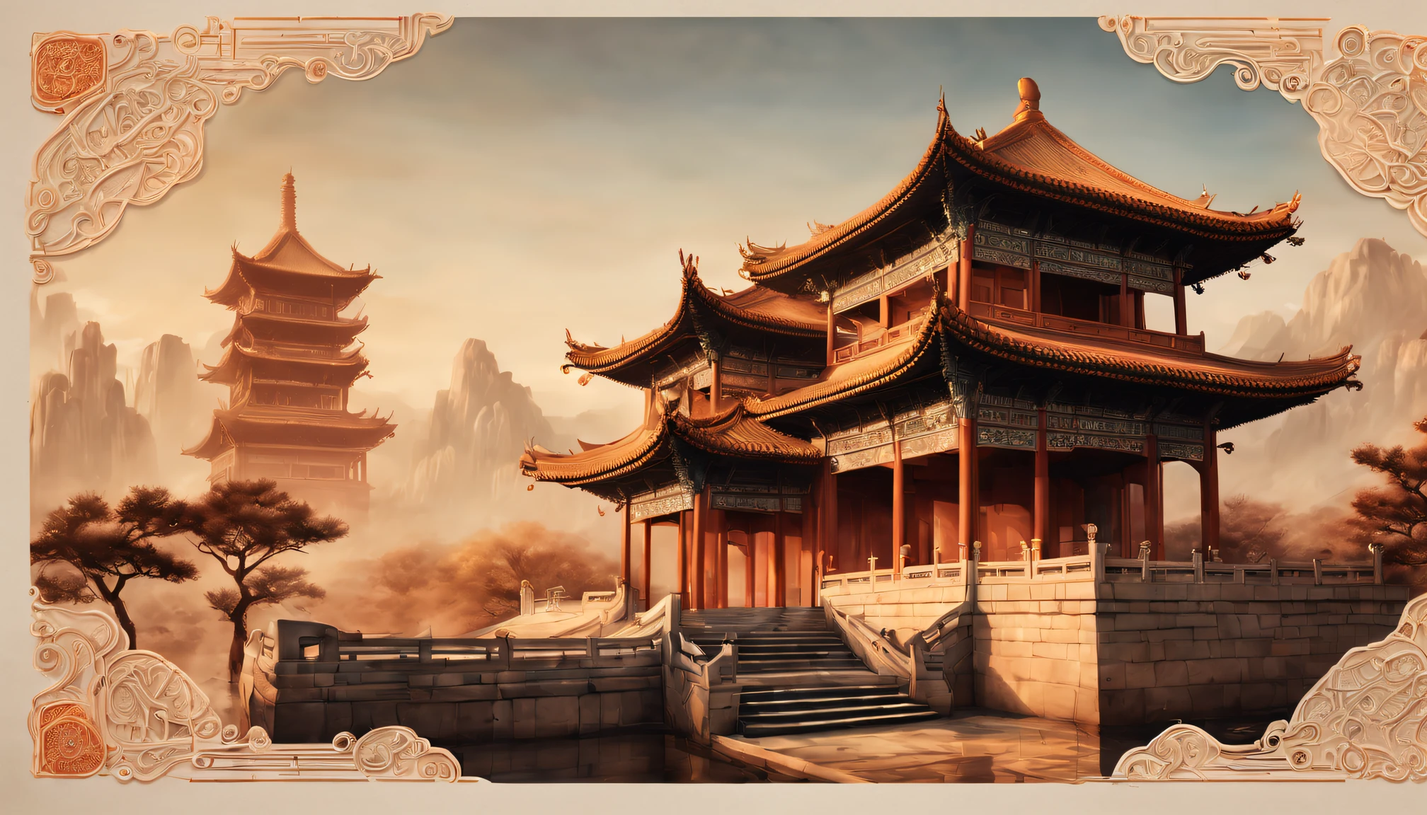 Postal postcard with an ancient Chinese building on the front. [line drawn, vintagestyle], (Exquisite, iintricate, nice) line work, (Elegant, Regal) architecture, (attractive cleavage, Thrilling) skylines, [nostalgic ambiance, faded], warm color palette, (natural, The soft) lamplight, [antique texture, old fashioned look],(Typographic wireframe logo with stamp place and recipient、Name format).(Best quality at best, A high resolution:1.2), ultra - detailed, professional, vivd colour, sportrait, The landscape, Concept artist, Focus sharp, HighDynamicRange, Studio lighting.