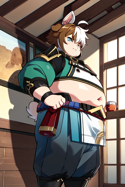 obese 1boy, gorou from genshin impact, dog ears in head, obese body, intense shadows, strong rim light, masterpiece,best quality,official art,extremely detailed CG unity 8k wallpaper, game_cg, artbook, crossover, absurdres, incredibly_absurdres, huge_filesize, album, (1boy:1.4), solo, bishounen, short hair, brown hair, alternate hair color, colored inner hair, ahoge, beautiful detailed eyes