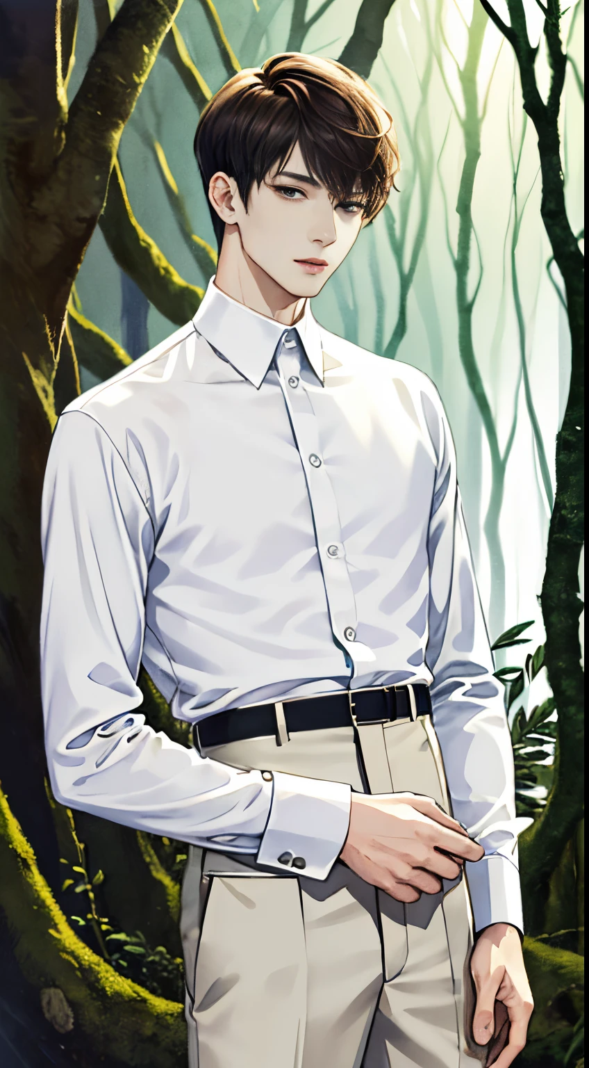 masterpiece, top-quality, ighly detailed, Convoluted, 1 male, Shorthair, Smooth and beautiful skin, Looking at Viewer, Night, Accurately and beautifully depict faces and bodies, twinks, slender body, White long sleeve shirt, Tall, In the dark forest