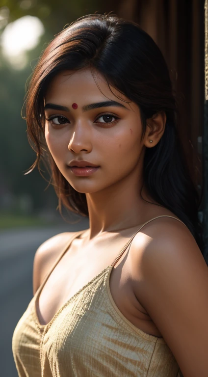 young Indian girl, 18-year-old, red top, gentle lighting, intricate facial details, flawless complexion, top-notch 3D rendering, hyper-realistic, shot on Indian road. photorealistic digital art trending on Artstation 8k HD high definition detailed realistic, detailed, skin texture, hyper detailed, realistic skin texture, armature, best quality, ultra high res, (photorealistic:1.4),, high resolution, detailed, raw photo, 400 camera f1.6 lens rich colors hyper realistic lifelike texture dramatic lighting unrealengine trending on artstation cinestill 800