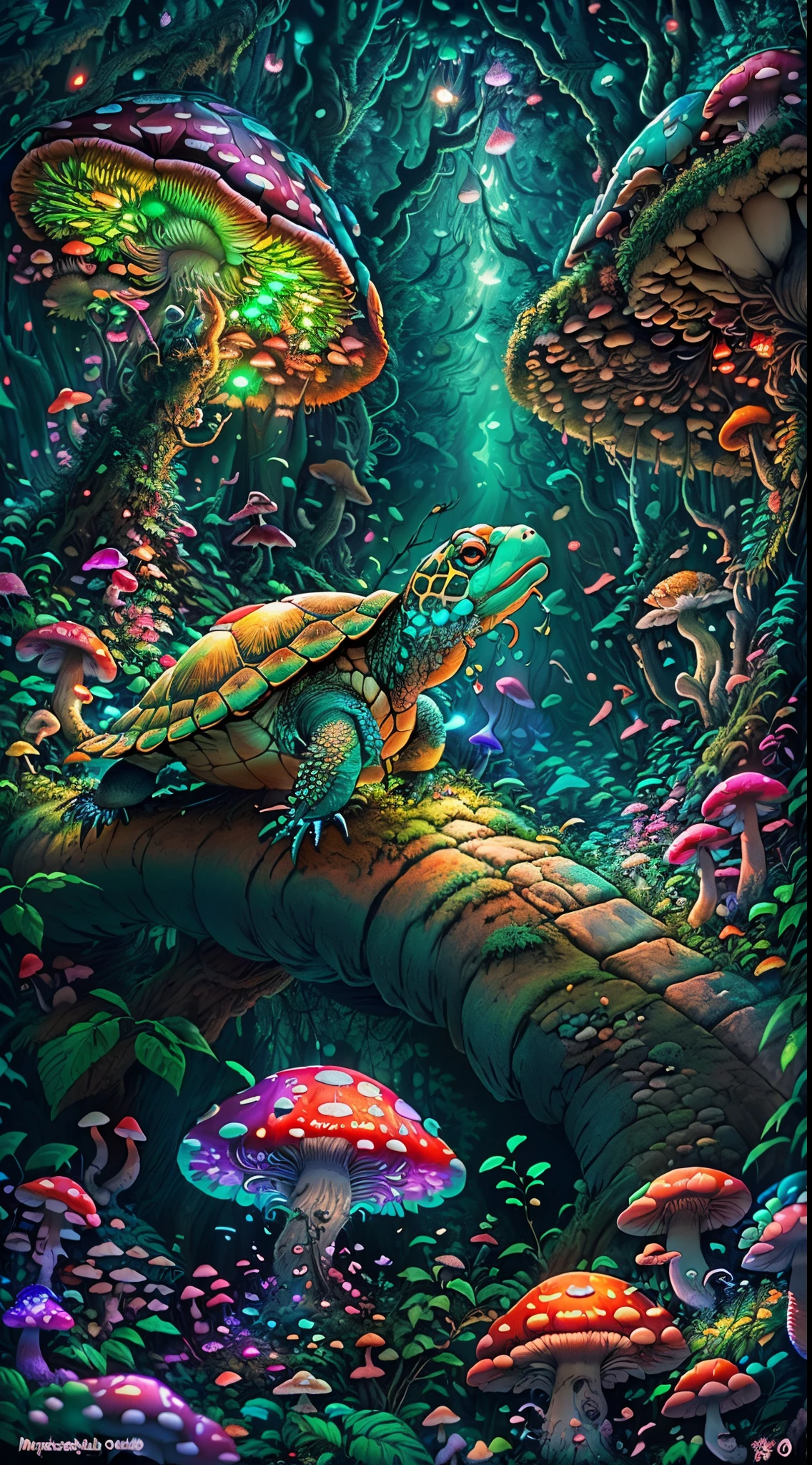 (best quality,4k,8k,highres,masterpiece:1.2),ultra-detailed,(realistic,photorealistic,photo-realistic:1.37),fisheye,1turtle,many neon mushrooms,fireflies,shroom,vibrant colors,magical,ethereal,nighttime,glowing,whimsical lighting,dreamlike,mythical creatures,lush foliage,dense forest,pulsating,mystical atmosphere