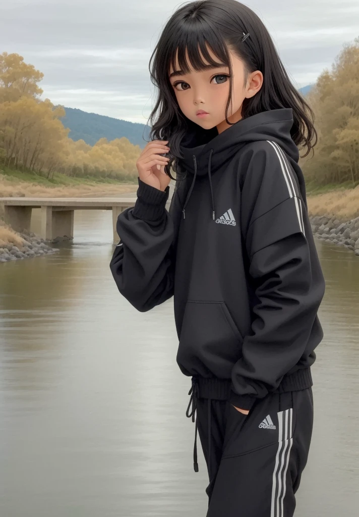 -yeld gistop on a bridge with a river in the background, Ropa de senderismo, negro, photograph of a techwear woman, Ropa negra casual, con una sudadera con capucha negra, inspirado por Ion Andreescu, Ropa negra, Ropa deportiva, Ropa negra, wearing a track suit, Ropa vestida de negro, Imagen de perfil, con una sudadera con capucha negra