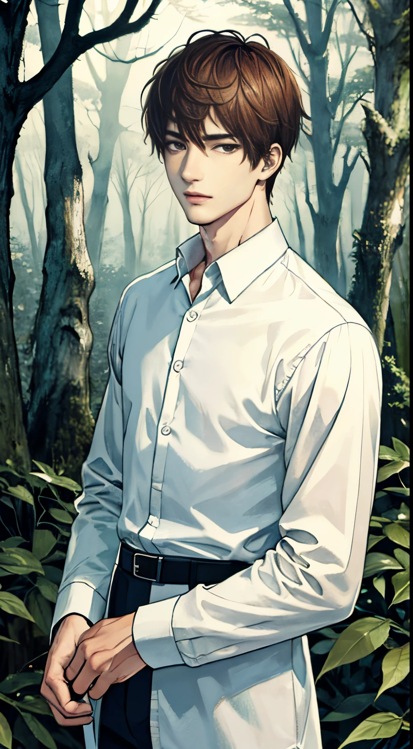 ​masterpiece, top-quality, ighly detailed, Convoluted, 1 male, Shorthair, Smooth and beautiful skin, Looking at Viewer, Night, Accurately and beautifully depict faces and bodies, twinks, Slender body, White long sleeve shirt, tall, In the dark forest, too beautiful face, Overgrown trees々, dark backgrounds, Realistic Trees々Depiction of