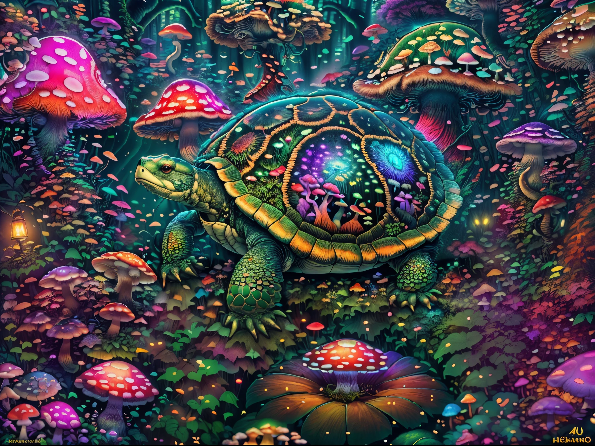 (best quality,4k,8k,highres,masterpiece:1.2),ultra-detailed,(realistic,photorealistic,photo-realistic:1.37),fisheye,1turtle,many neon mushrooms,fireflies,shroom,vibrant colors,magical,ethereal,nighttime,glowing,whimsical lighting,dreamlike,mythical creatures,lush foliage,dense forest,pulsating,mystical atmosphere