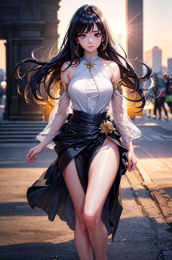 (8K, Best Quality, masutepiece:1.2), (Realistic, Photorealsitic:1.37), Ultra-detailed,Best Quality, 超A high resolution, Professional Lighting, Photon mapping, Physically-based rendering, Cinematic lighting, galaxy ocean,depth of fields, Sharp Focus,sun beam, Good composition,(Bokeh:1.2) 1girl in,Solo,(Full body), (Closed mouth),Beautiful detailed eyes, beautiful girl pose, Narrow waist,((((Metamorphosis)))), Black hair,hair messy,long hair floating in the wind,(ulzzang-6500:1.2), mix4, hiqcgbody