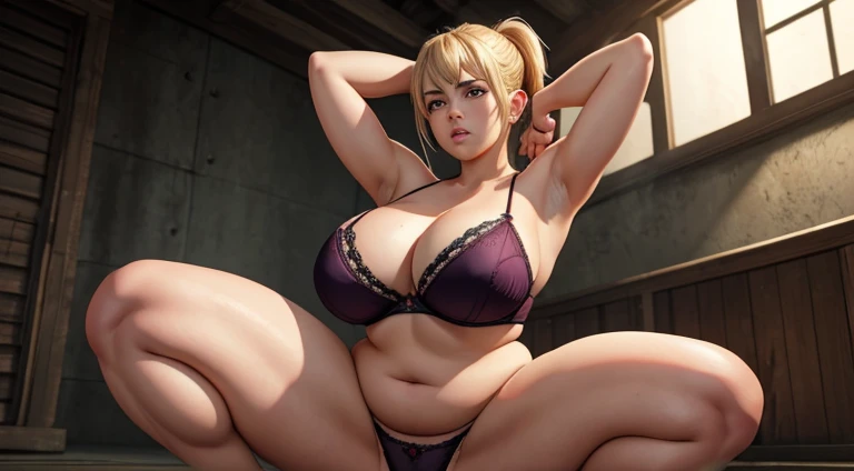 Lili from tekken squatting, A goblin is watching her, render, Detailed face, Beautiful face, 4k, thick thighs, chubby thighs, plump thighs, massive breasts, enormous boobs, thin bra, high leg panties, hands behind her head, in silent hill, Scared facial expression, blushing