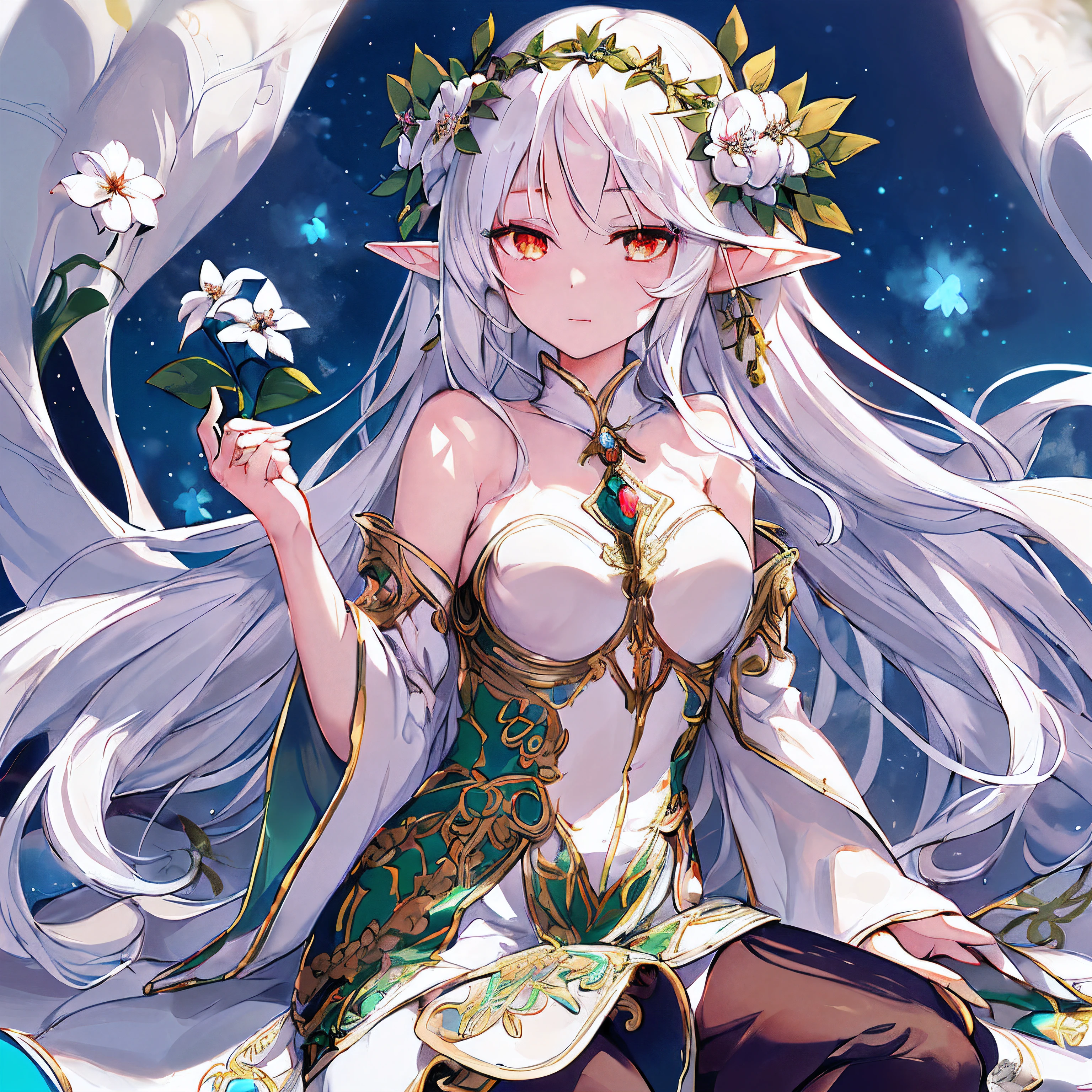this comic, Long white hair、woman holding flowers, Elf girl in floral suit, beautiful and elegant elf queen, fairy queen, Enchanting elven princess knight, Elf Girl, Elf Princess, fairy queen, portrait of an elf queen, white-haired god, beautiful elf with ornate robes, Astrid Lorne, She has elven ears and golden eyes