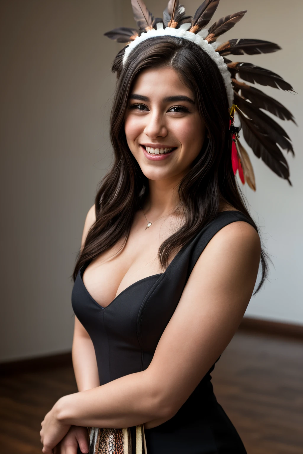 A Lauren jauregui, sonrriendo ,North American Indian woman sonrriendo smiling,with a headdress on her head, rosto detalhado, Intriguing image, realistic image, full HD cinematic image, imagem de cinema vestido hermoso cuerpo completo in a black dress holding an , victorian dress