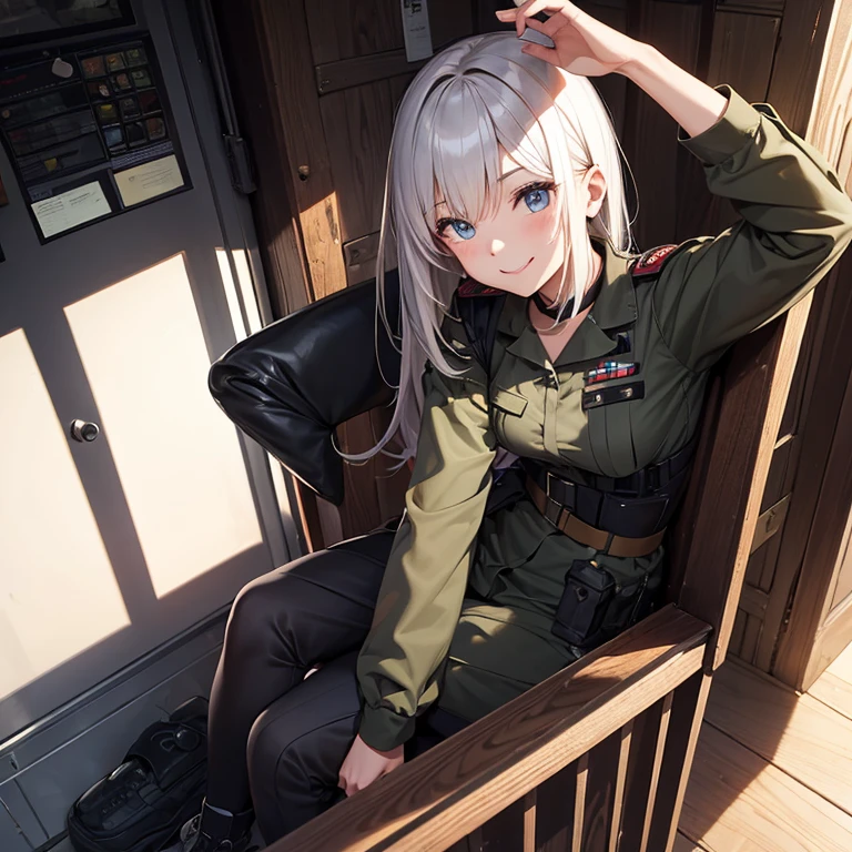 A 25 year's old girl wearing military dress, smile face, looking at viewer,