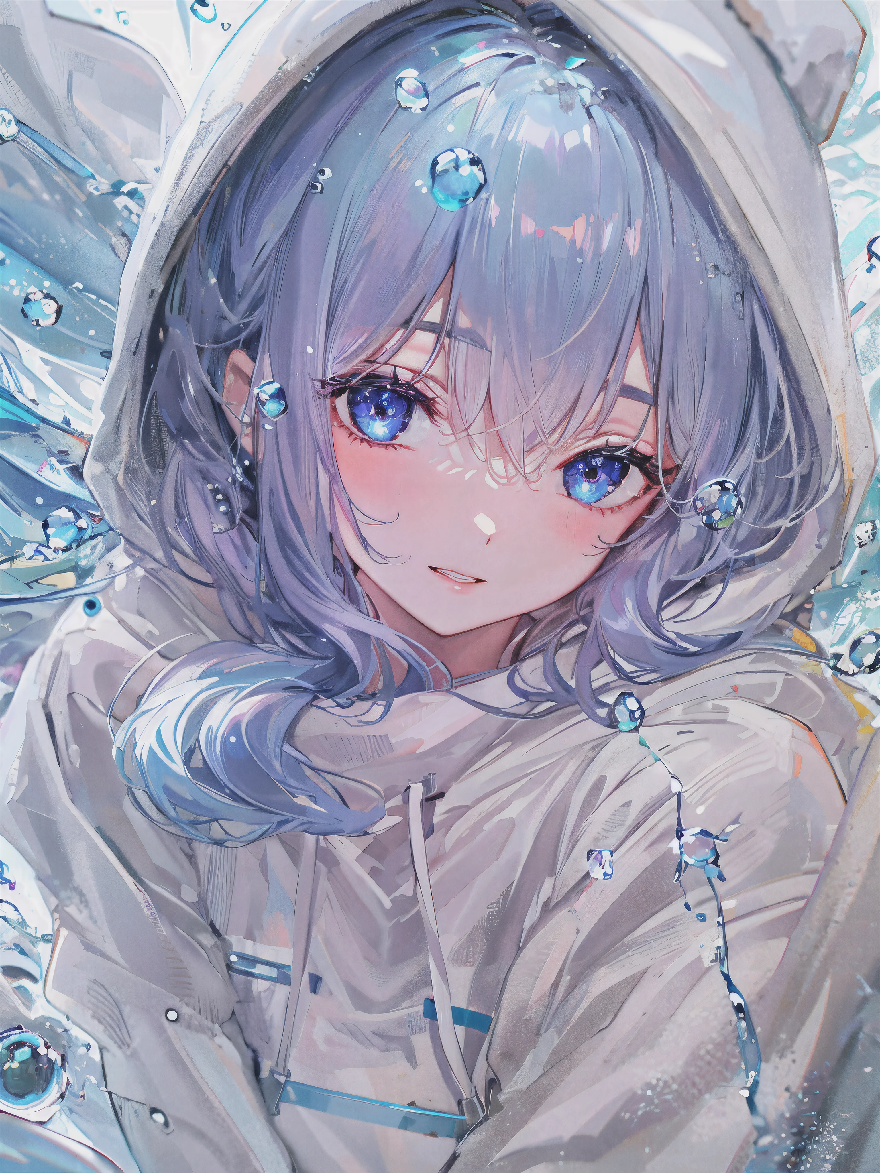 ((top-quality)), ((​masterpiece)), ((ultra-detailliert)), (Extremely delicate and beautiful), girl with, report, cold attitude,((White hoodie)),She is very(relax)with  the(Settled down)Looks,depth of fields,Evil smile,Bubble, under the water, Air bubble,Underwater world bright light blue eyes,inner color with bright gray hair and light blue tips,,,,,,,,,,,,,,,,,,,,,,,Cold background,Bob Hair - Linear Art, shortpants、knee high socks、White uniform like school uniform、Light blue ribbon ties、Clothes are sheer、The hand in my right pocket is like a sapphire,Fronllesse Blue, A small blue light was floating、fantastic eyes、selfy,Self-shot、Bangs fall on the eyes, give a sexy impression.