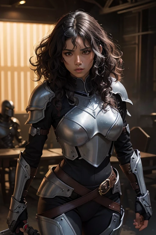 Hispanic, dark tan skin, villian, anime babe, intimidating, wearing black armor, seductive, fighting in a battlefield, slutty, sexy, wavy curly hair