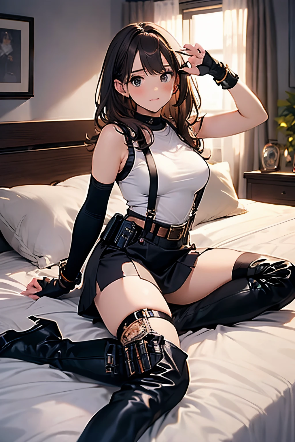 Brown hair、watching at viewers　　　black suspenders　　　Bulging big breasts　　 　 　　　walls: 　Black miniskirt　garters　　　　　　Gaze　　　Small face　bangss 　　　holster　　Belt Armament　Beautuful Women　srestrained　hands up　Lying in bed　Leg holster lying on the bed　　Gaze 　black boots upskirt tank top