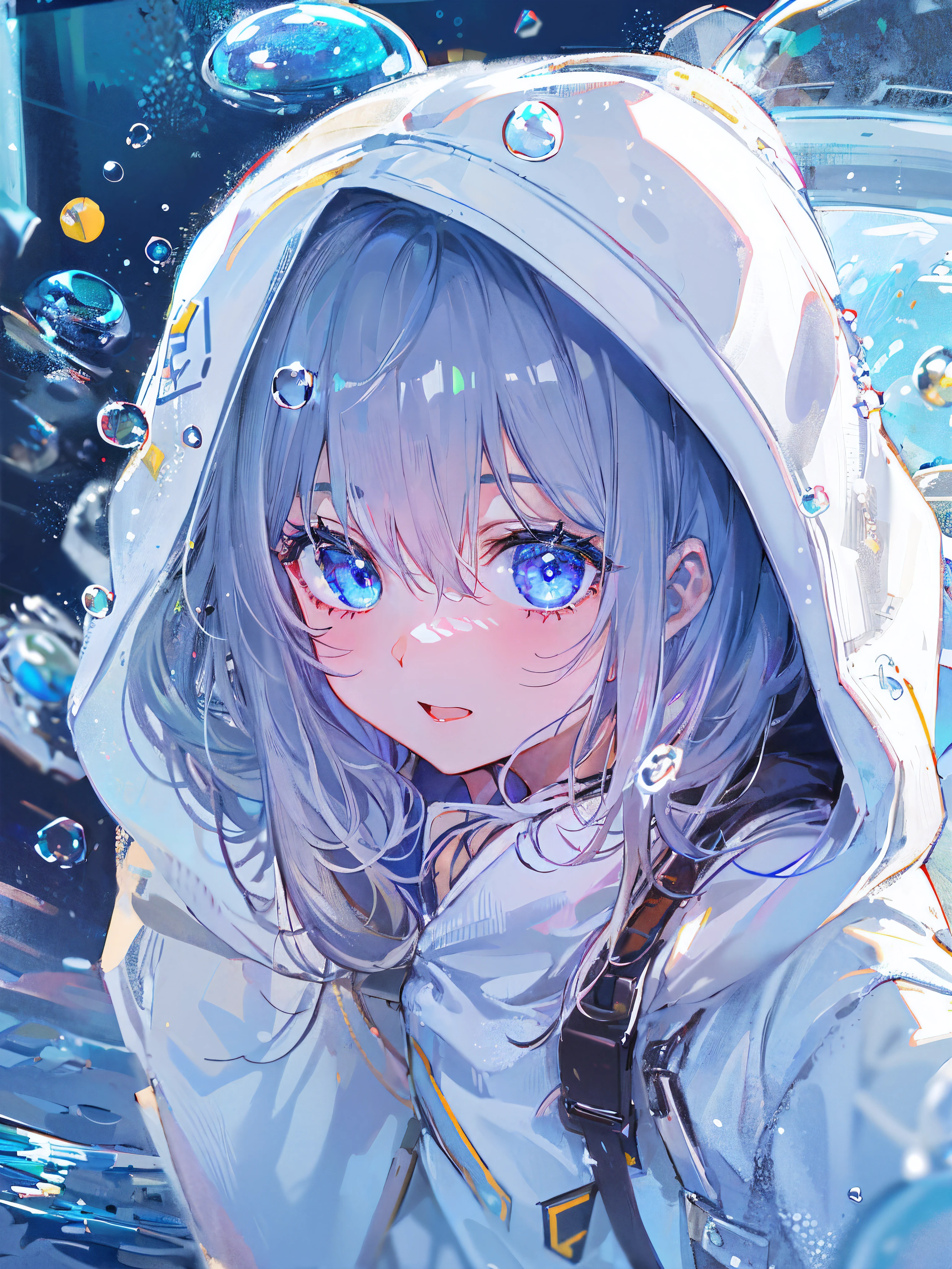 ((top-quality)), ((​masterpiece)), ((ultra-detailliert)), (Extremely delicate and beautiful), girl with, report, cold attitude,((White hoodie)),She is very(relax)with  the(Settled down)Looks,depth of fields,Evil smile,Bubble, under the water, Air bubble,Underwater world bright light blue eyes,inner color with bright gray hair and light blue tips,,,,,,,,,,,,,,,,,,,,Cold background,Bob Hair - Linear Art, shortpants、knee high socks、White uniform like school uniform、Light blue ribbon ties、Clothes are sheer、The hand in my right pocket is like a sapphire,Fronllesse Blue, A small blue light was floating、fantastic eyes、selfy,Self-shot
