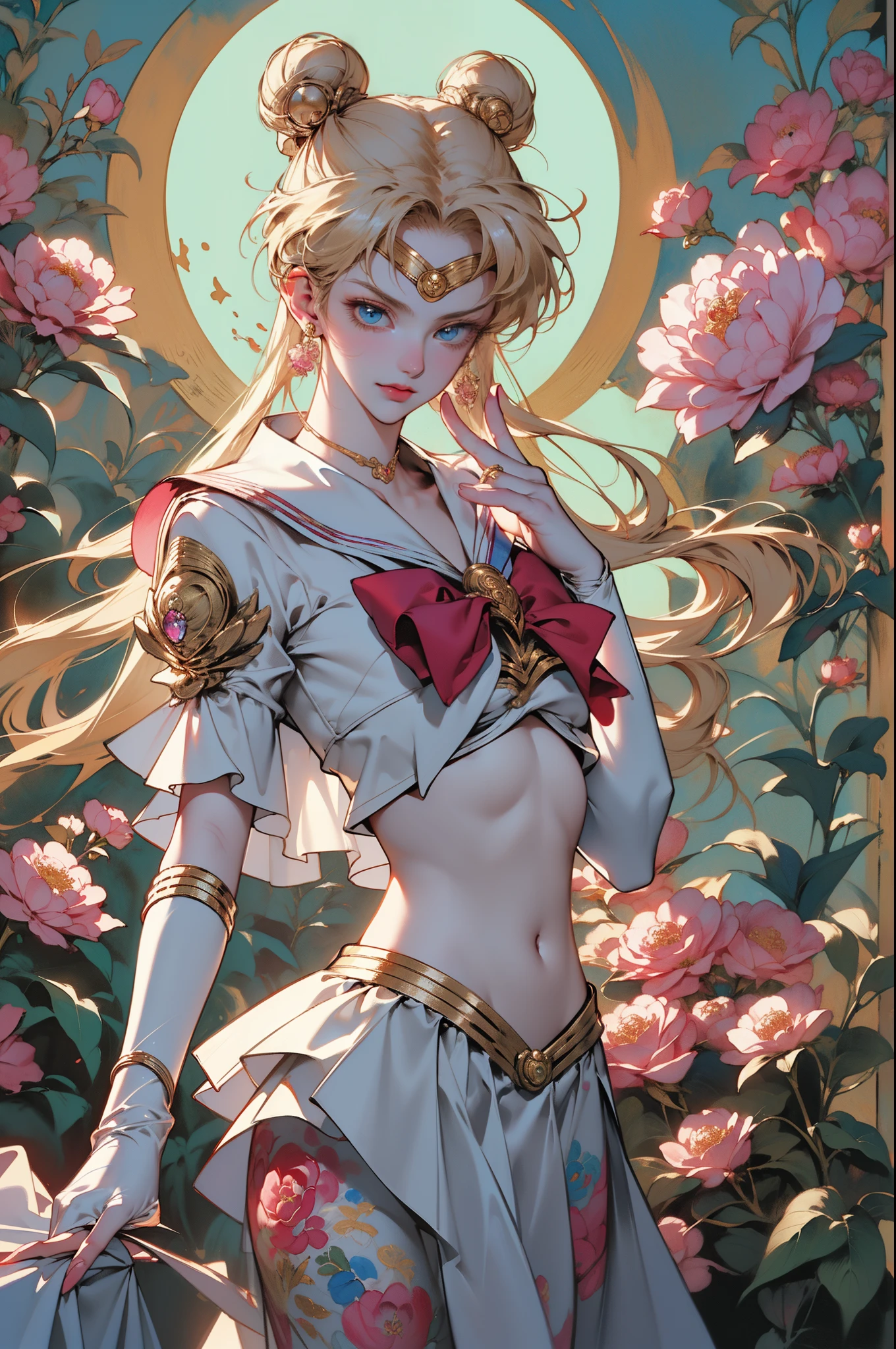 ((tmasterpiece，quality，Best quality at best，offcial art，Beauty and aesthetics：1.2))，((the sailor moon:1.6，Mariner Moon))， Long blonde hair， dual horsetail，Sailor Moon Aesthetics，A beautyful girl，Puffy skirt，blue colors， dream core，The content  very detailed，（s fractal art：1.3），（blooming flower：1.3），((ultra - detailed))， ((very detailed nipples))，（ tangled:1.2), (dynamicposes), (abstract backgrounds:1.3), (Chinese traditional fabric:1.2), (Glowing and radiant skin), (Lots of colors:1.4), ,(耳Nipple Ring:1.4)，（Decorative painting：1.6，）， Lighting，Ink painting and watercolor，ink，water ink，