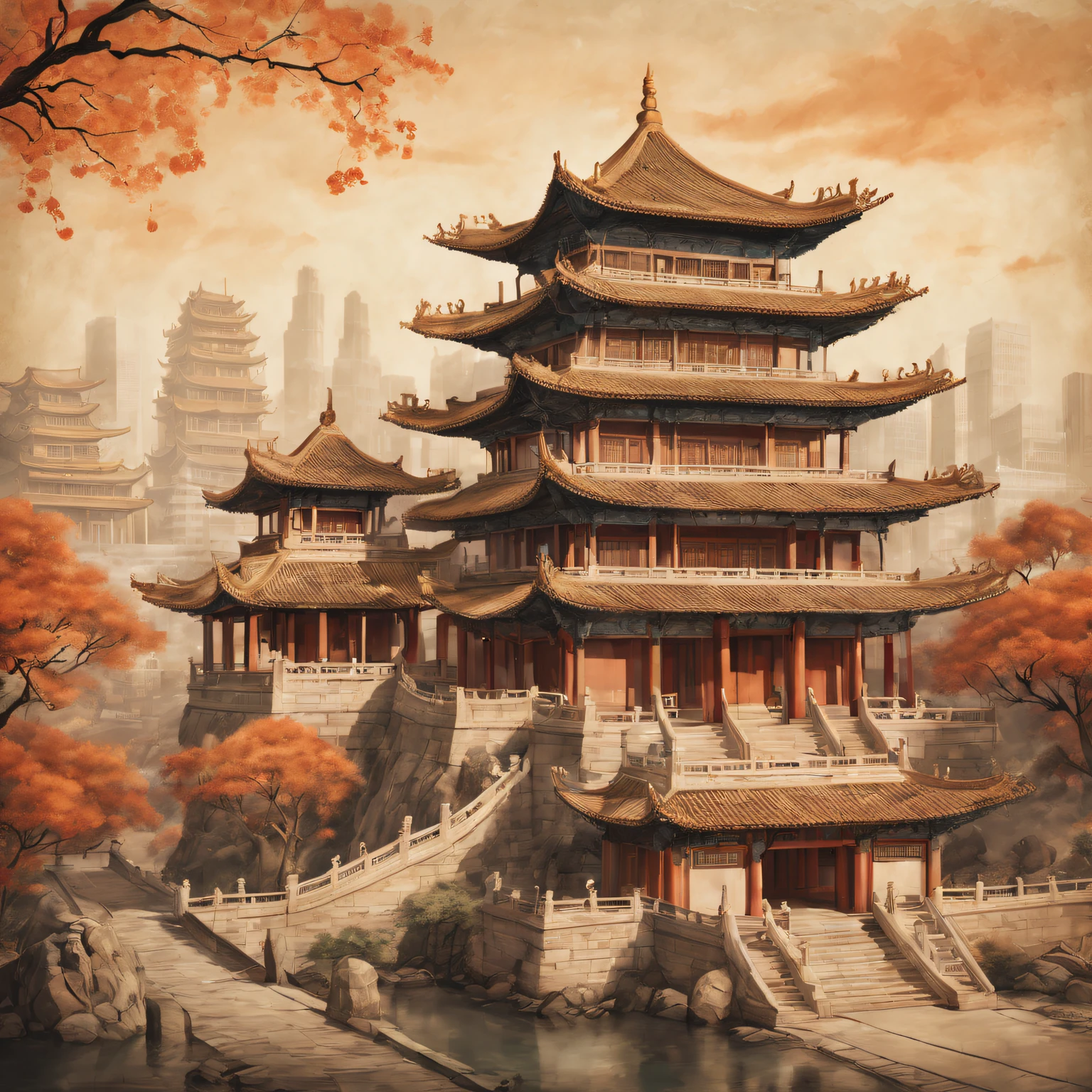 Ancient painting giant pen, Poetic, beijing, Great Wall of China, closeup cleavage, Gradient, Golden architecture, Matte red background, Trees and emperors decorate paradise