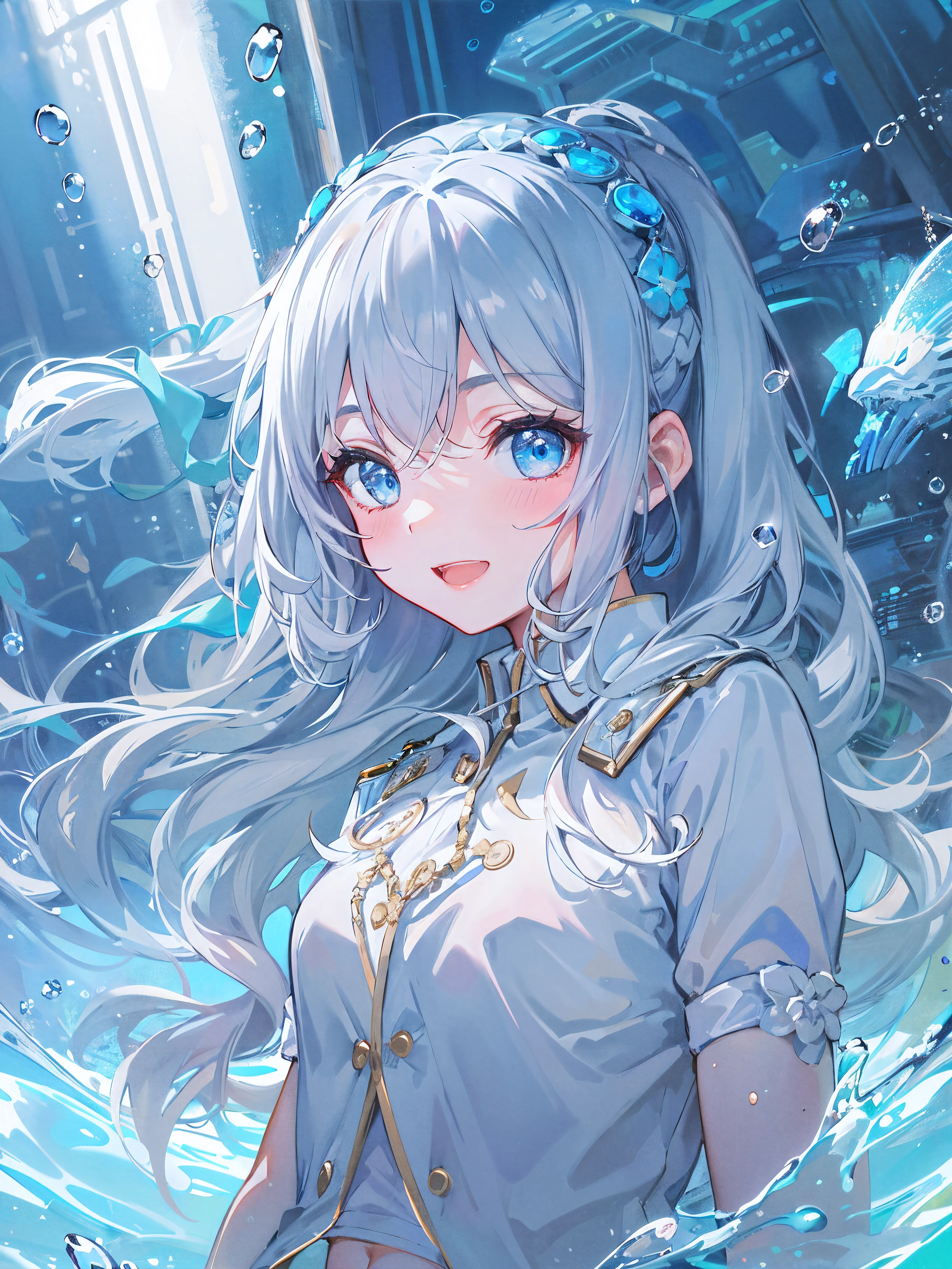 ((top-quality)), ((masterpiece)), ((ultra-detailliert)), (Extremely delicate and beautiful), girl with, report, cold attitude,((swim wears、Navel)),She is very(relax)with the(Settled down)Looks,depth of fields,Evil smile,Bubble, under the water, Air bubble,Underwater world bright light blue eyes,inner color with bright gray hair and light blue tips,,,,,,,,,,,,,,,,,,,,,,Cold background,Bob Hair - Linear Art, shortpants、knee high socks、White uniform like school uniform、Light blue ribbon ties、Clothes are sheer、The hand in my right pocket is like a sapphire,Fronllesse Blue, A small blue light was floating、fantastic eyes、selfy,Self-shot