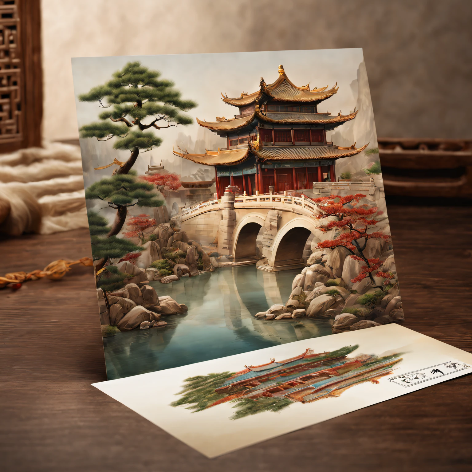 There a postcard of an ancient Chinese building on the table in front。(Best quality at best, A high resolution, tmasterpiece:1.2),(actual, realisticlying, Photorealistic:1.37), vivd colour, Meticulous craftsmanship, Complicated details, Delicate texture, An architectural masterpiece, historical heritage, Traditional charm, natural lightting, tranquil ambiance
