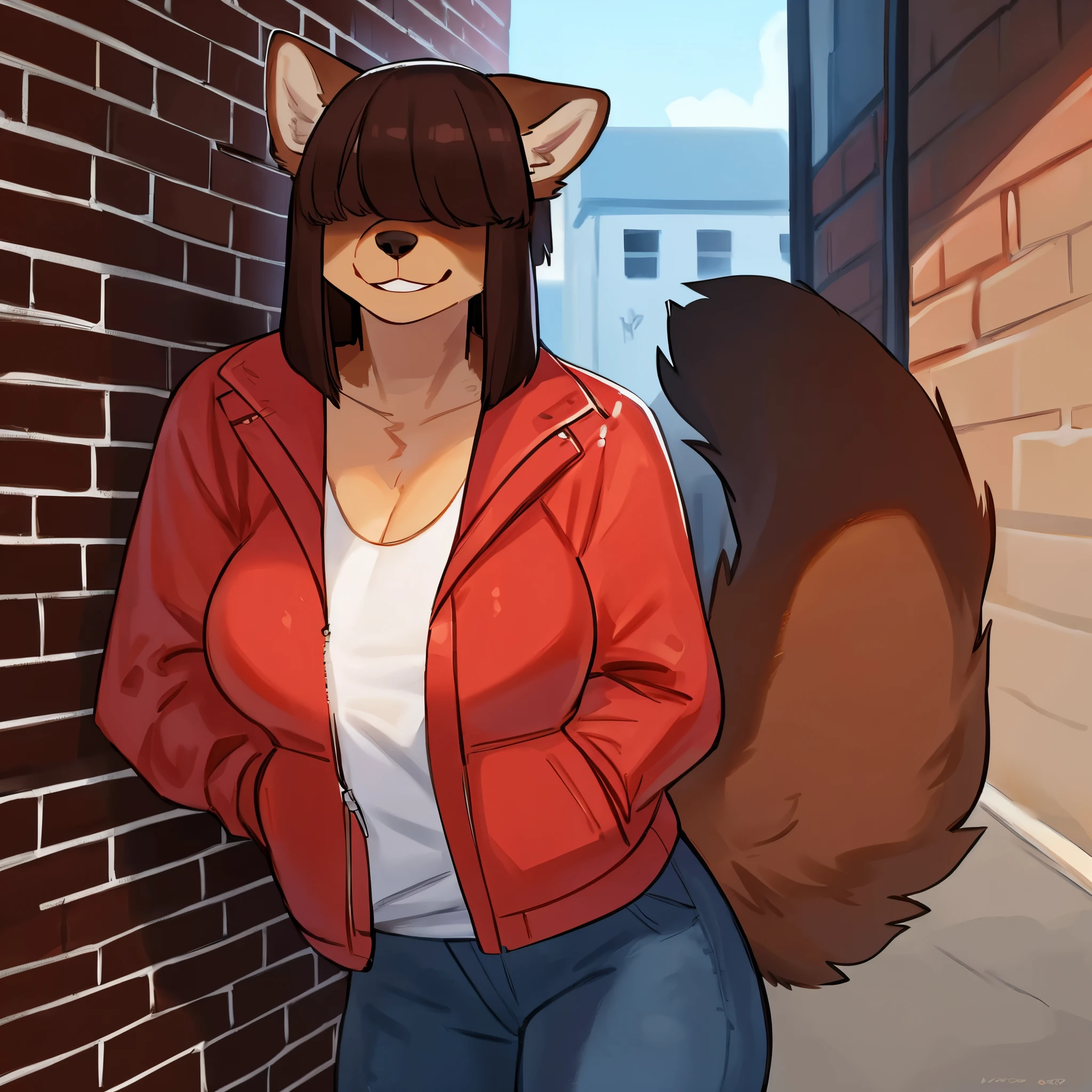 (((By meesh, by chelodoy))), female, ((canine, snout, hair covering eyes, straight hair, medium hair, flat hair, ears, thin snout)), brown fur, big poofy tail, raised tail, dark maroon hair, (muscular, big breasts), solo, smiling, ((cropped green turtleneck sweater, cleavage)), keyhole sweater, no pants, bottomless, no underwear, vagina, on her knees, hands behind head, open mouth