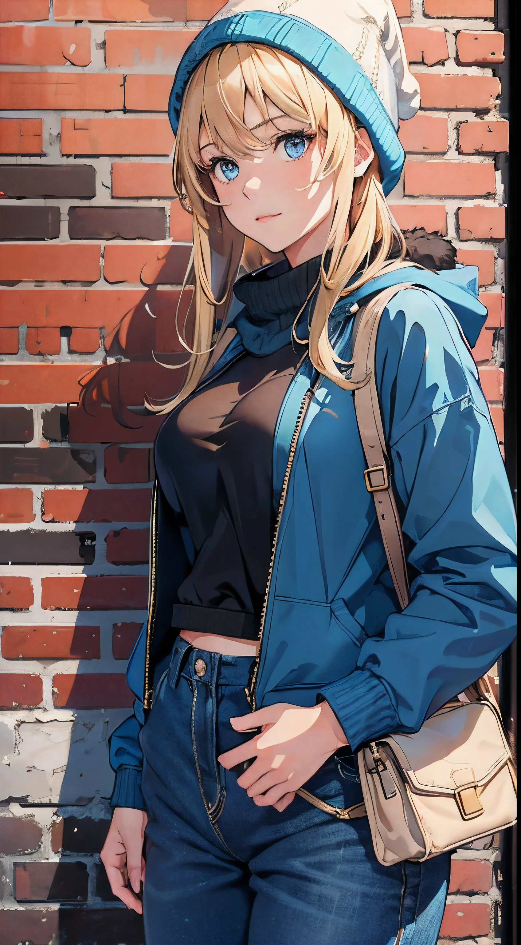 ((Best Quality, 8K, masutepiece:1.3)), Focus: 1.2, (Perfect Body Beauty, Photorealistic: 1.4), (Best Quality), (Best Shadow), Detailed, Perfect Lighting, BREAK
1girl, Solo, Blonde hair, Little smile, Blue eyes, swept bangs, Big breasts, Perfect Anatomy, Height 10 heads,
BREAK Stand on the brick wall, Looking away, Upper body, (baggy) saxophone blue collage jacket, Sweatshirt, 1 crossbody bag for girls, knit hat, sneakers, Black jersey pants,