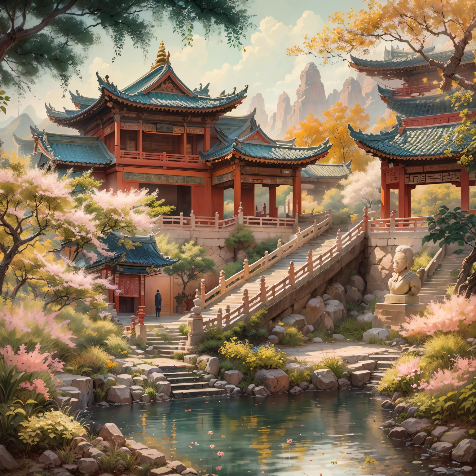 Beautiful scenery and masterpieces of traditional Chinese architecture, (Best quality at best, A high resolution, ultra - detailed, actual:1.37), Capturing the Essence of Ancient China. Sunlight gently illuminates the intricate details of the ancient temple, Revealing its rich historical and cultural significance. Bright colors of Chinese paintings, (oil painted:1.1), Add a touch of elegance and charm to the scene. carved wood、The exquisite craftsmanship of the stone carvings enhances the overall beauty of the building. Traditional Chinese gardens around the temple,Decorated with blooming cherry blossoms and lush greenery, Creates a peaceful and peaceful atmosphere. The golden dragon sculpture on the roof symbolizes power and prosperity. The breeze blows through,The leaves rustle,With a touch of incense, The air filled with tranquility. In the background are distant mountains and flowing rivers, (The landscape:1.1), Complete picturesque scenery, Adds depth and timelessness to artwork. Subtle play of light and shadow, (Studio lighting), Give the scene a charming aura, further enhance its beauty. The color palette features warm and earthy tones, with hints of vibrant red and deep blue, (Colorful, warm color palette). Attention to detail and mastery of the artist#39;s brushwork Extremely meticulous brushwork), the artwork come alive, Arouse people#39;s awe and appreciation for the rich cultural heritage of ancient China.