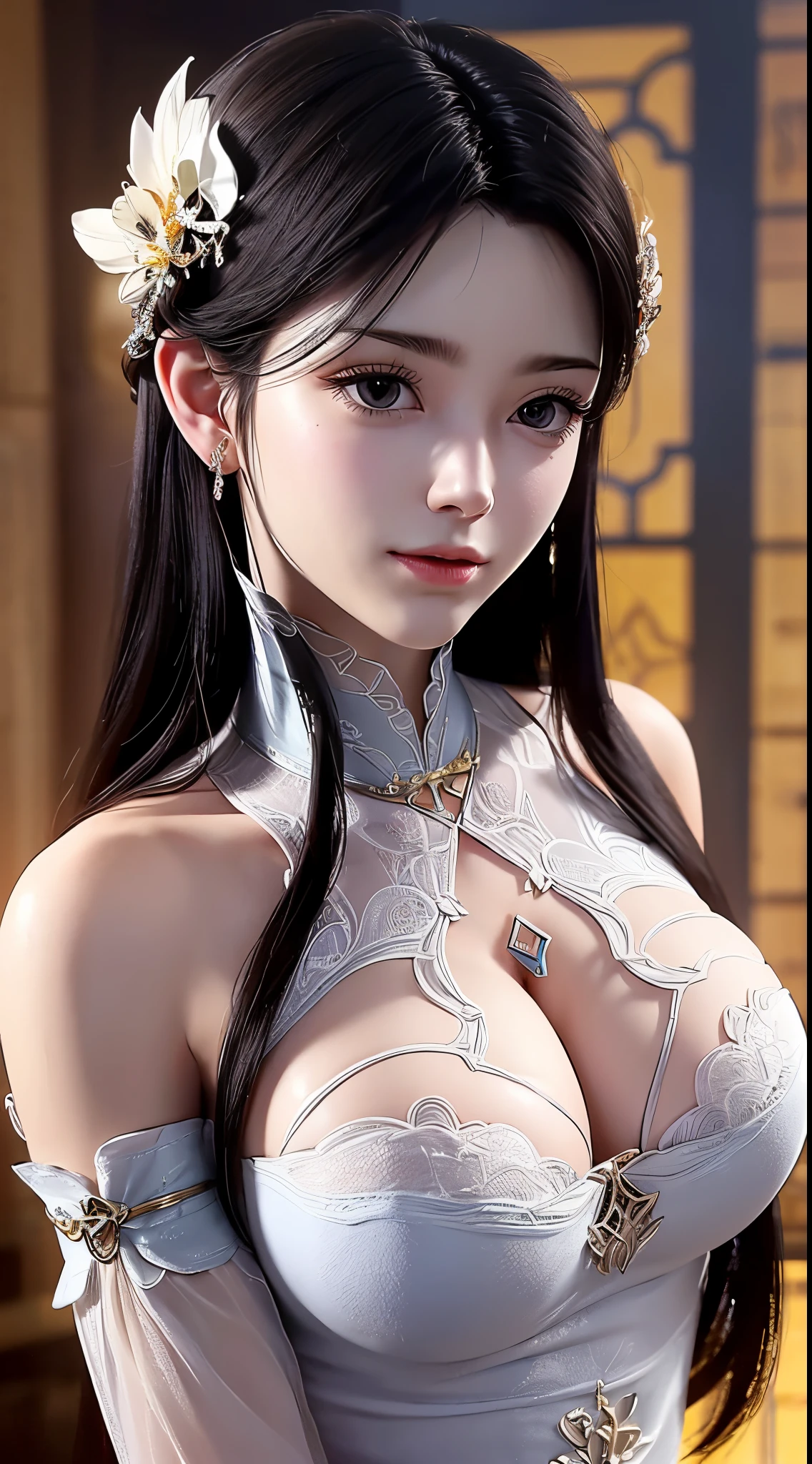 1 beautiful girl, girl with a pretty little face, ((nude:1.5)), ((NFSW :1.5)), ((wearing a white shirt with a sexy antique style:1.3)), showing off her plump, round breasts, Super beautiful and detailed hair jewelry, colorful gemstones, elegant pose, garden background, soft lighting,vibrant colors, delicate facial features, long jet black hair, big and round breasts, black eye pupils, round breasts, round platinum eyes are beautiful and super detailed, ((orange red makeup eyeshadow: 0.6)) ,((mouth closed:0.8)), don't laugh, dreamy atmosphere, girl with a well-proportioned body, ((Sit back and open your legs wide 1.8)), ((unashamed:0.8)), ((push your chest forward:1.3)), ((clasp the girl's hands behind her back: 1.2)), ethereal beauty, proud expression, clasped the queen's hands behind her back, strikingly graceful, lovely and charming, attention to detail, regal and majestic, fairytale-like ambiance,1 girl, 1 alone, ((frontal portrait:1.3))."