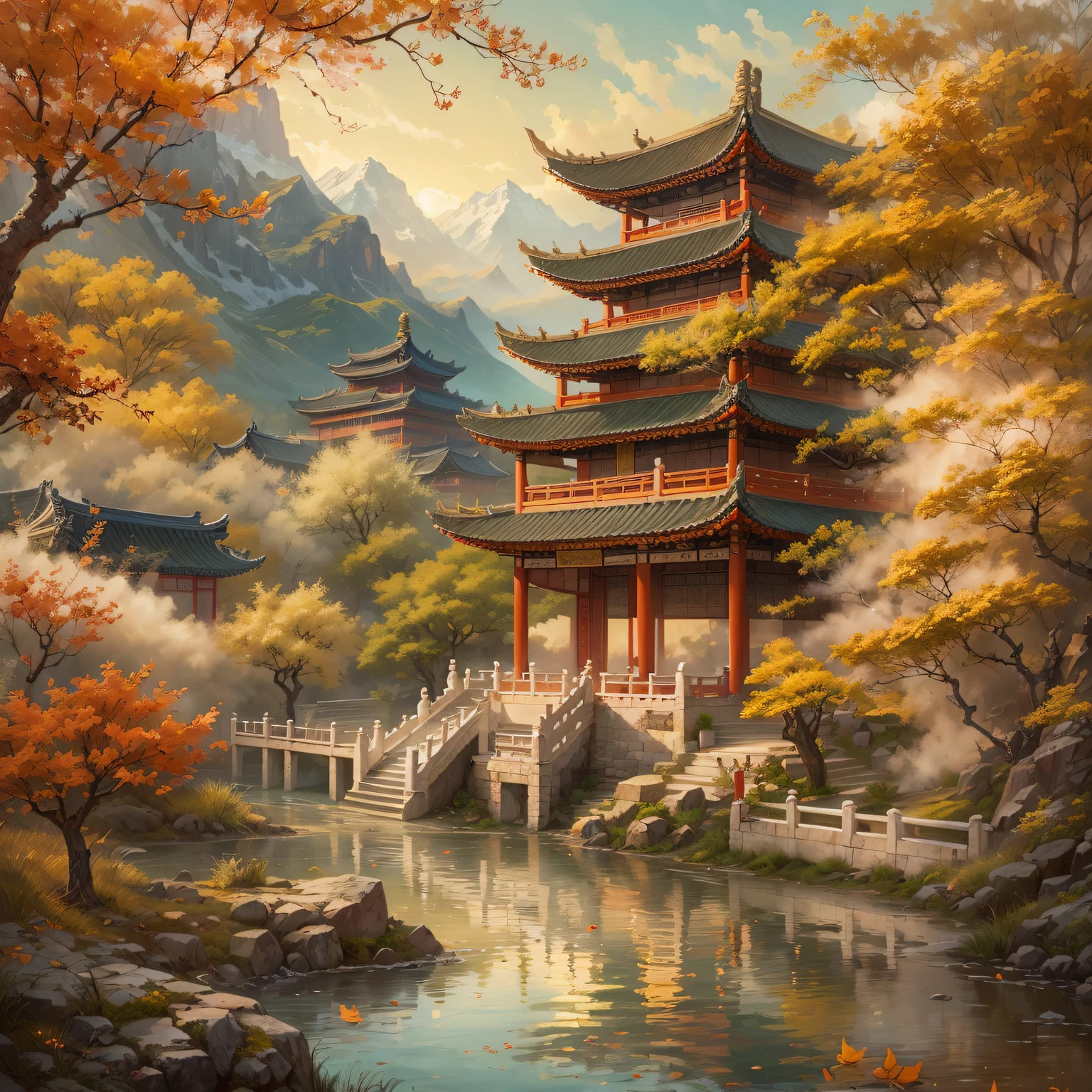 Beautiful scenery and masterpieces of traditional Chinese architecture, (Best quality at best, A high resolution, ultra - detailed, actual:1.37), Capturing the Essence of Ancient China. Sunlight gently illuminates the intricate details of the ancient temple, Revealing its rich historical and cultural significance. Bright colors of Chinese paintings, (oil painted:1.1), Add a touch of elegance and charm to the scene. carved wood、The exquisite craftsmanship of the stone carvings enhances the overall beauty of the building. Traditional Chinese gardens around the temple,Decorated with blooming cherry blossoms and lush greenery, Creates a peaceful and peaceful atmosphere. The golden dragon sculpture on the roof symbolizes power and prosperity. The breeze blows through,The leaves rustle,With a touch of incense, The air filled with tranquility. In the background are distant mountains and flowing rivers, (The landscape:1.1), Complete picturesque scenery, Adds depth and timelessness to artwork. Subtle play of light and shadow, (Studio lighting), Give the scene a charming aura, further enhance its beauty. The color palette features warm and earthy tones, with hints of vibrant red and deep blue, (Colorful, warm color palette). Attention to detail and mastery of the artist#39;s brushwork Extremely meticulous brushwork), the artwork come alive, Arouse people#39;s awe and appreciation for the rich cultural heritage of ancient China.