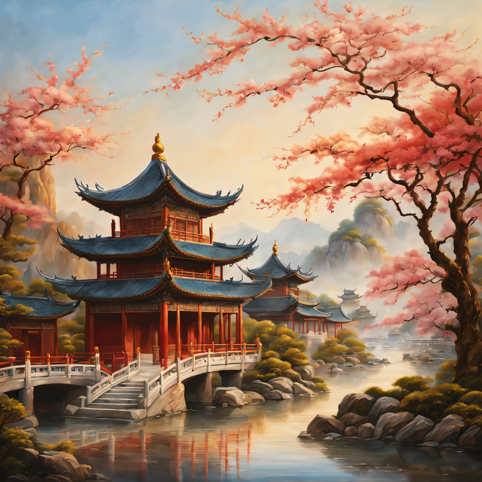 Beautiful scenery and masterpieces of traditional Chinese architecture, (Best quality at best, A high resolution, ultra - detailed, actual:1.37), Capturing the Essence of Ancient China. Sunlight gently illuminates the intricate details of the ancient temple, Revealing its rich historical and cultural significance. Bright colors of Chinese paintings, (oil painted:1.1), Add a touch of elegance and charm to the scene. carved wood、The exquisite craftsmanship of the stone carvings enhances the overall beauty of the building. Traditional Chinese gardens around the temple,Decorated with blooming cherry blossoms and lush greenery, Creates a peaceful and peaceful atmosphere. The golden dragon sculpture on the roof symbolizes power and prosperity. The breeze blows through,The leaves rustle,With a touch of incense, The air filled with tranquility. In the background are distant mountains and flowing rivers, (The landscape:1.1), Complete picturesque scenery, Adds depth and timelessness to artwork. Subtle play of light and shadow, (Studio lighting), Give the scene a charming aura, further enhance its beauty. The color palette features warm and earthy tones, with hints of vibrant red and deep blue, (Colorful, warm color palette). Attention to detail and mastery of the artist#39;s brushwork Extremely meticulous brushwork), the artwork come alive, Arouse people#39;s awe and appreciation for the rich cultural heritage of ancient China.