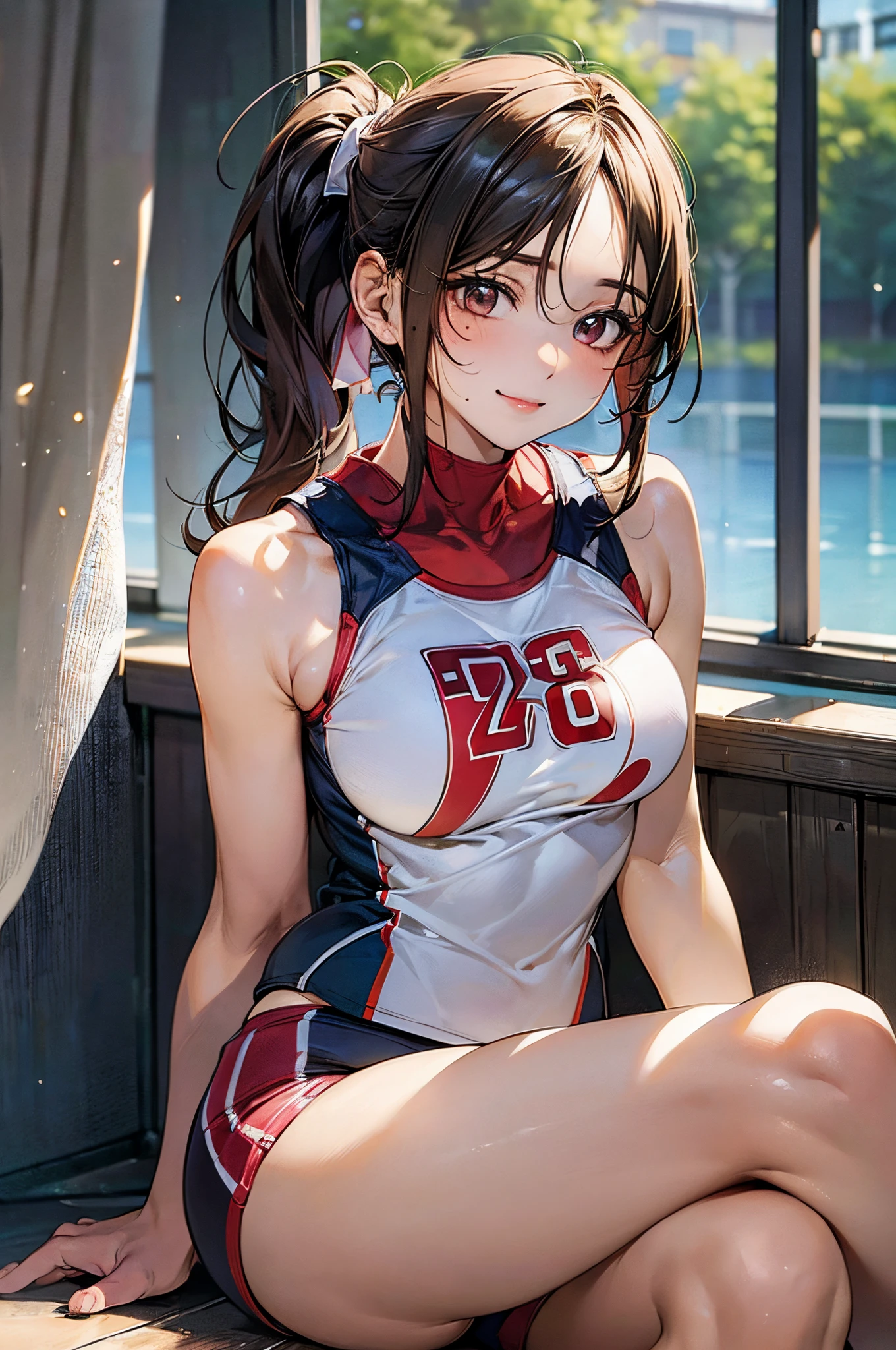 ((((perfect anatomy, super detailed skin)))), 1 girl, japanese, 16 years old, volleyball player, shiny skin, watching the view, 
beautiful hair, beautiful face, beautiful detailed eyes, brown eyeiddle hair:1.4, ponytail:1.5), 
beautiful collarbones, beautiful body, Beautiful breasts, beautiful thighs, beautiful legs, babyface, mole under eye, large breasts:0.5, seductive thighs, cameltoe, 
((symmetrical clothinetallic, sleeveless, volleyball uniform)), 
smile:1.5, one knee, sitting floor, spread leg, 
(beautiful scenery), morning, ((gymnasium), stadiam), 
(8k, top-quality, masterpiece​:1.2, extremely detailed), (photorealistic:1.4), beautiful illustration, natural lighting,