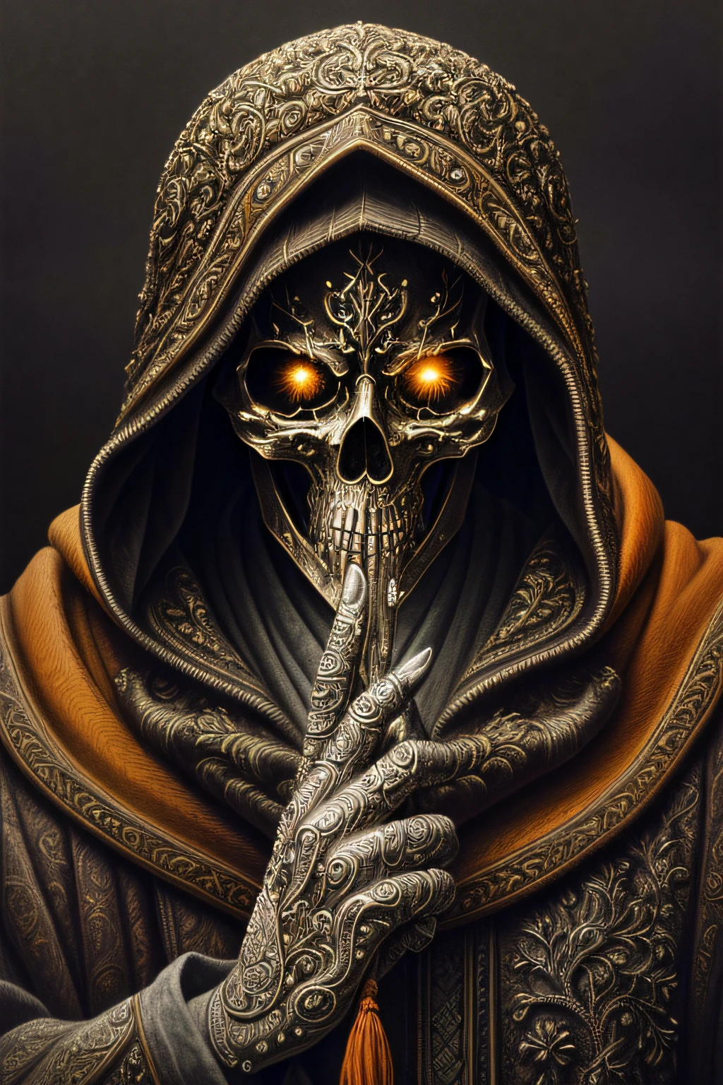 a symmetrical portrait of a man in torn hooded old robe with skull face,hands holding a purple fire, splashes of orange red, hyper realistic, intricate design, (insanely detailed:1.4), (extremely fine details:1.35), Extremely sharp lines, steel, cinematic lighting, Photorealistic, a detailed painting by Ayami Kojima and Lilia Alvarado, (best quality, high quality, absurdres, intricate detail, masterpiece, cinematic), highly detailed, film grain, noise, lens effects,
