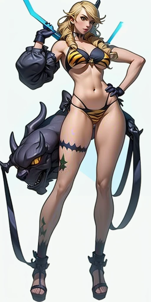 full body standing woman, yellow tiger bikini, white background, blonde