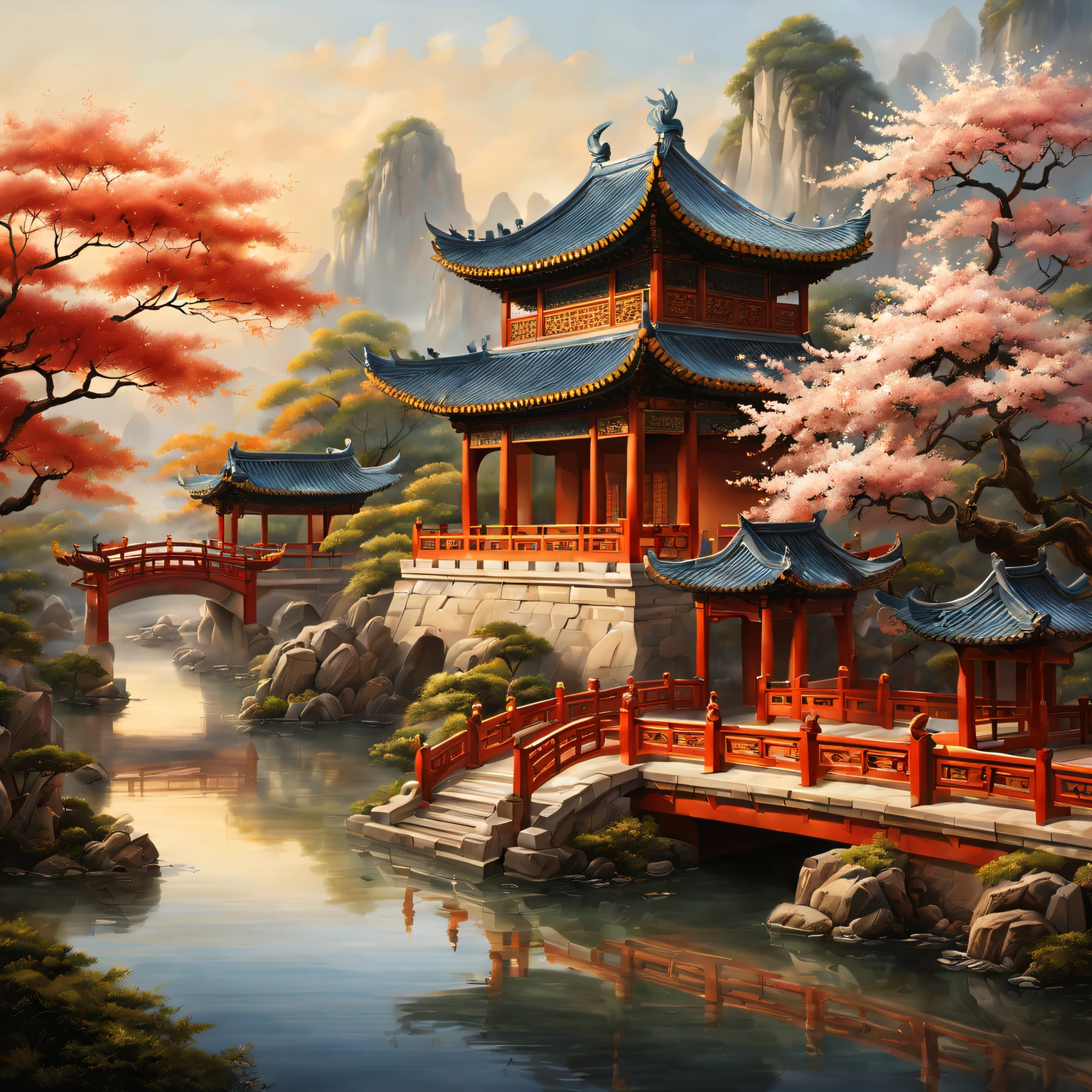 Beautiful scenery and masterpieces of traditional Chinese architecture, (Best quality at best, A high resolution, ultra - detailed, actual:1.37), Capturing the Essence of Ancient China. Sunlight gently illuminates the intricate details of the ancient temple, Revealing its rich historical and cultural significance. Bright colors of Chinese paintings, (oil painted:1.1), Add a touch of elegance and charm to the scene. carved wood、The exquisite craftsmanship of the stone carvings enhances the overall beauty of the building. Traditional Chinese gardens around the temple,Decorated with blooming cherry blossoms and lush greenery, Creates a peaceful and peaceful atmosphere. The golden dragon sculpture on the roof symbolizes power and prosperity. The breeze blows through,The leaves rustle,With a touch of incense, The air filled with tranquility. In the background are distant mountains and flowing rivers, (The landscape:1.1), Complete picturesque scenery, Adds depth and timelessness to artwork. Subtle play of light and shadow, (Studio lighting), Give the scene a charming aura, further enhance its beauty. The color palette features warm and earthy tones, with hints of vibrant red and deep blue, (Colorful, warm color palette). Attention to detail and mastery of the artist#39;s brushwork Extremely meticulous brushwork), the artwork come alive, Arouse people#39;s awe and appreciation for the rich cultural heritage of ancient China.