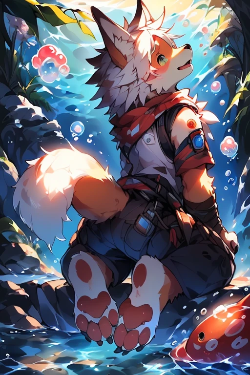 (((back to look back,Smilingly))), (((palpation \(perfect anatomia\)))),, strong, (from back), ((Show your paws,feet focus,paws with claws)), ((under the water, airbubble, airbubble,The fish)), end, Old, Blue Fox, Dragon tail,fluffy mane, Common, Sam, Kiyosan, grey body, White hair, (by kenkert), (author:Pino Deheni)author:Pino Deheni, 1145, Dagasi, Sam, only ,protective goggles,large tail,,straighten your back