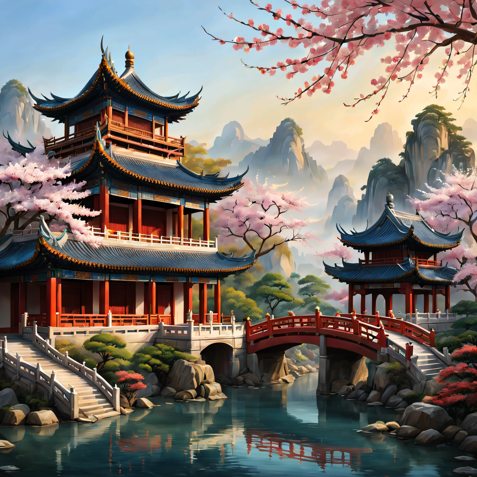 Beautiful scenery and masterpieces of traditional Chinese architecture, (Best quality at best, A high resolution, ultra - detailed, actual:1.37), Capturing the Essence of Ancient China. Sunlight gently illuminates the intricate details of the ancient temple, Revealing its rich historical and cultural significance. Bright colors of Chinese paintings, (oil painted:1.1), Add a touch of elegance and charm to the scene. carved wood、The exquisite craftsmanship of the stone carvings enhances the overall beauty of the building. Traditional Chinese gardens around the temple,Decorated with blooming cherry blossoms and lush greenery, Creates a peaceful and peaceful atmosphere. The golden dragon sculpture on the roof symbolizes power and prosperity. The breeze blows through,The leaves rustle,With a touch of incense, The air filled with tranquility. In the background are distant mountains and flowing rivers, (The landscape:1.1), Complete picturesque scenery, Adds depth and timelessness to artwork. Subtle play of light and shadow, (Studio lighting), Give the scene a charming aura, further enhance its beauty. The color palette features warm and earthy tones, with hints of vibrant red and deep blue, (Colorful, warm color palette). Attention to detail and mastery of the artist#39;s brushwork Extremely meticulous brushwork), the artwork come alive, Arouse people#39;s awe and appreciation for the rich cultural heritage of ancient China.