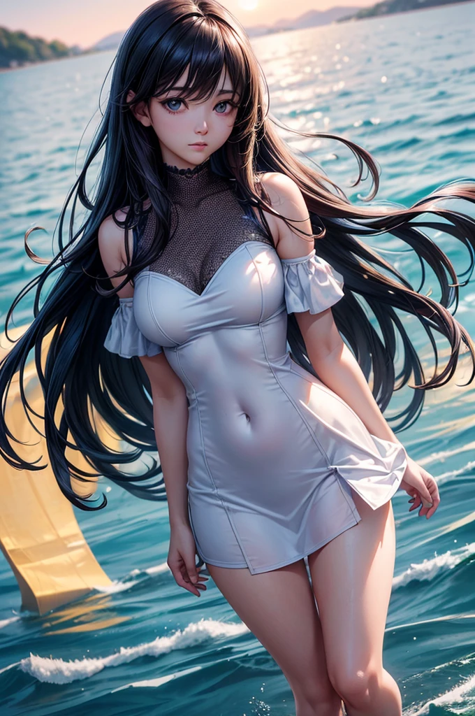 (8K, Best Quality, masutepiece:1.2), (Realistic, Photorealsitic:1.37), Ultra-detailed,Best Quality, 超A high resolution, Professional Lighting, Photon mapping, Physically-based rendering, Cinematic lighting, galaxy ocean,depth of fields, Sharp Focus,sun beam, Good composition,(Bokeh:1.2) 1girl in,Solo,(Full body), get horny, (Closed mouth),Beautiful detailed eyes, beautiful girl pose, Narrow waist,Neat and clean dresses, Black hair,hair messy,long hair floating in the wind,(ulzzang-6500:1.2), mix4, hiqcgbody, a navel, thighs thighs thighs thighs, Lower breast, strands, (((copulation)))