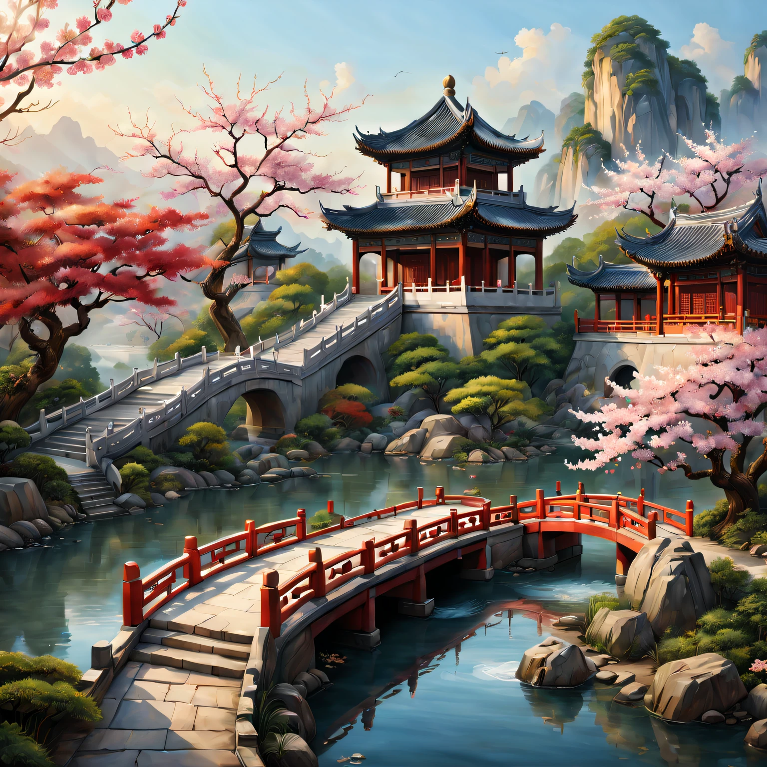 Beautiful scenery and masterpieces of traditional Chinese architecture, (Best quality at best, A high resolution, ultra - detailed, actual:1.37), Capturing the Essence of Ancient China. Sunlight gently illuminates the intricate details of the ancient temple, Revealing its rich historical and cultural significance. Bright colors of Chinese paintings, (oil painted:1.1), Add a touch of elegance and charm to the scene. carved wood、The exquisite craftsmanship of the stone carvings enhances the overall beauty of the building. Traditional Chinese gardens around the temple,Decorated with blooming cherry blossoms and lush greenery, Creates a peaceful and peaceful atmosphere. The golden dragon sculpture on the roof symbolizes power and prosperity. The breeze blows through,The leaves rustle,With a touch of incense, The air filled with tranquility. In the background are distant mountains and flowing rivers, (The landscape:1.1), Complete picturesque scenery, Adds depth and timelessness to artwork. Subtle play of light and shadow, (Studio lighting), Give the scene a charming aura, further enhance its beauty. The color palette features warm and earthy tones, with hints of vibrant red and deep blue, (Colorful, warm color palette). Attention to detail and mastery of the artist#39;s brushwork Extremely meticulous brushwork), the artwork come alive, Arouse people#39;s awe and appreciation for the rich cultural heritage of ancient China.