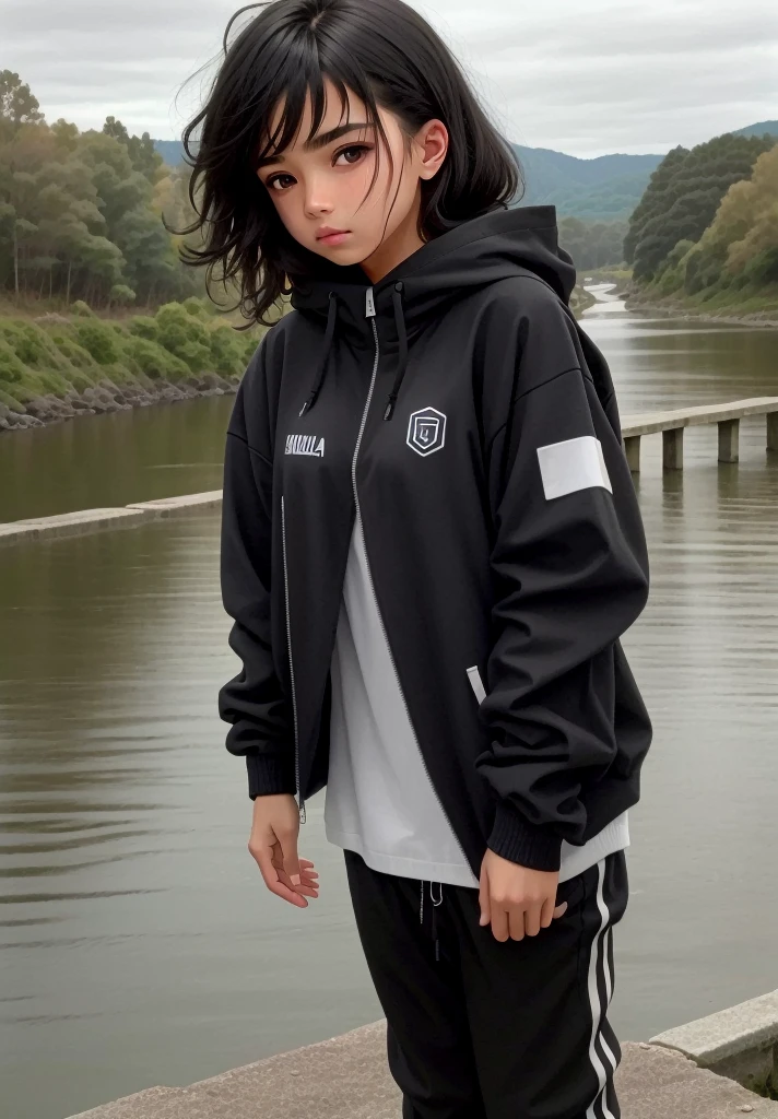 14-year-old girl,stop on a bridge with a river in the background, Ropa de senderismo, negro, photograph of a techwear woman, Ropa negra casual, con una sudadera con capucha negra, inspirado por Ion Andreescu, Ropa negra, Ropa deportiva, Ropa negra, wearing a track suit, Ropa vestida de negro, Imagen de perfil, con una sudadera con capucha negra