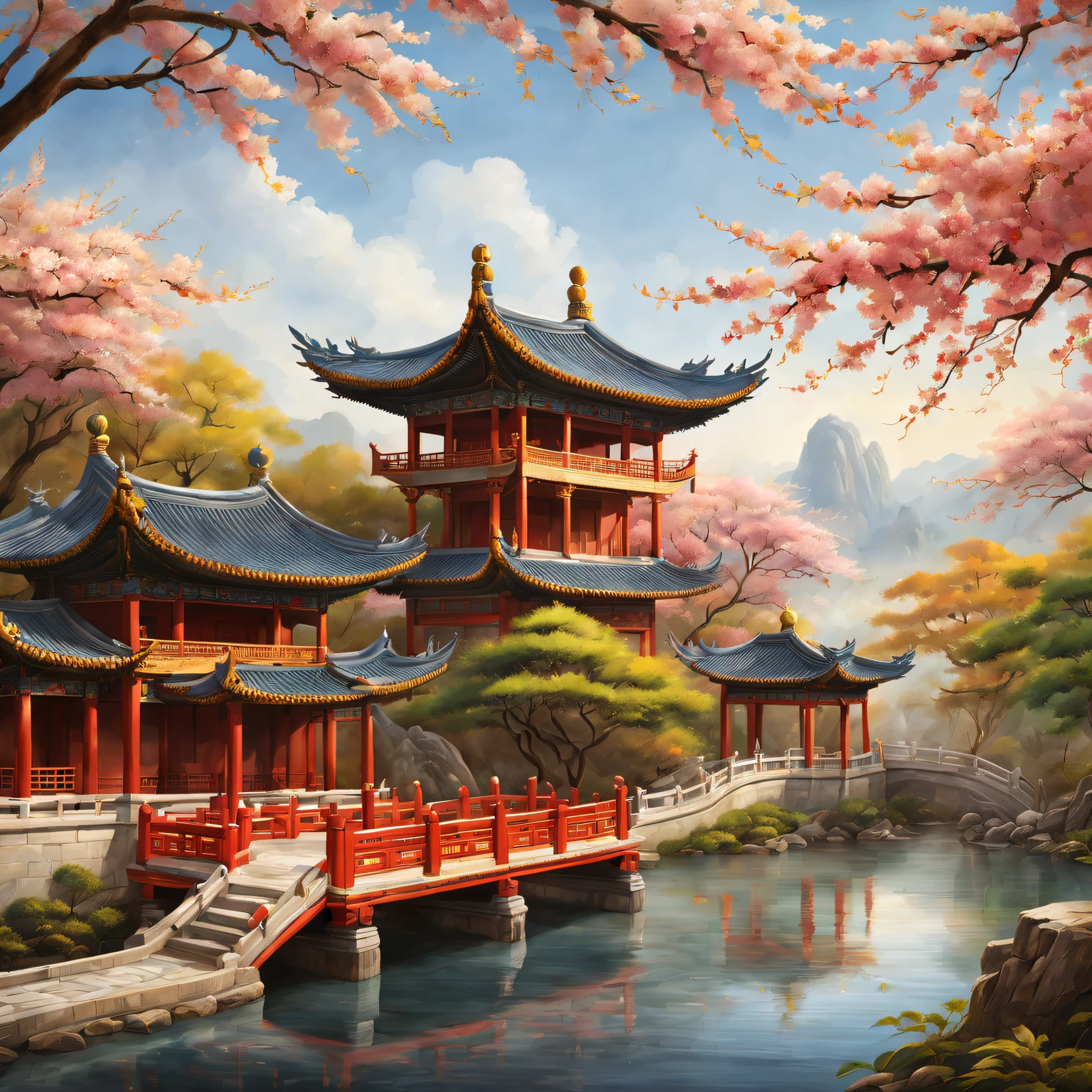 Beautiful scenery and masterpieces of traditional Chinese architecture, (Best quality at best, A high resolution, ultra - detailed, actual:1.37), Capturing the Essence of Ancient China. Sunlight gently illuminates the intricate details of the ancient temple, Revealing its rich historical and cultural significance. Bright colors of Chinese paintings, (oil painted:1.1), Add a touch of elegance and charm to the scene. carved wood、The exquisite craftsmanship of the stone carvings enhances the overall beauty of the building. Traditional Chinese gardens around the temple,Decorated with blooming cherry blossoms and lush greenery, Creates a peaceful and peaceful atmosphere. The golden dragon sculpture on the roof symbolizes power and prosperity. The breeze blows through,The leaves rustle,With a touch of incense, The air filled with tranquility. In the background are distant mountains and flowing rivers, (The landscape:1.1), Complete picturesque scenery, Adds depth and timelessness to artwork. Subtle play of light and shadow, (Studio lighting), Give the scene a charming aura, further enhance its beauty. The color palette features warm and earthy tones, with hints of vibrant red and deep blue, (Colorful, warm color palette). Attention to detail and mastery of the artist#39;s brushwork Extremely meticulous brushwork), the artwork come alive, Arouse people#39;s awe and appreciation for the rich cultural heritage of ancient China.