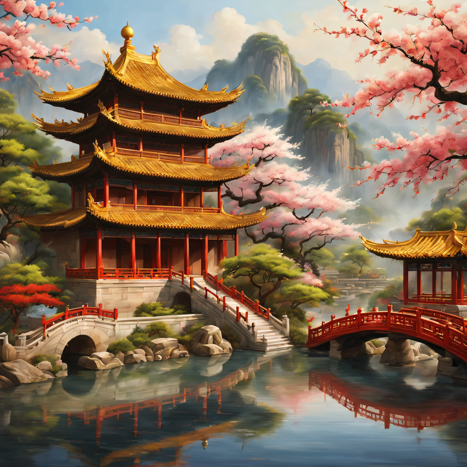 Beautiful scenery and masterpieces of traditional Chinese architecture, (Best quality at best, A high resolution, ultra - detailed, actual:1.37), Capturing the Essence of Ancient China. Sunlight gently illuminates the intricate details of the ancient temple, Revealing its rich historical and cultural significance. Bright colors of Chinese paintings, (oil painted:1.1), Add a touch of elegance and charm to the scene. carved wood、The exquisite craftsmanship of the stone carvings enhances the overall beauty of the building. Traditional Chinese gardens around the temple，Decorated with blooming cherry blossoms and lush greenery, Creates a peaceful and peaceful atmosphere. The golden dragon sculpture on the roof symbolizes power and prosperity. The breeze blows through，The leaves rustle，With a touch of incense, The air  filled with tranquility. In the background are distant mountains and flowing rivers, (The landscape:1.1), Complete picturesque scenery, Adds depth and timelessness to artwork. Subtle play of light and shadow, (Studio lighting), Give the scene a charming aura, further enhance its beauty. The color palette features warm and earthy tones, with hints of vibrant red and deep blue, (Colorful, warm color palette). Attention to detail and mastery of the artist#39;s brushwork Extremely meticulous brushwork),  the artwork come alive, Arouse people#39;s awe and appreciation for the rich cultural heritage of ancient China.