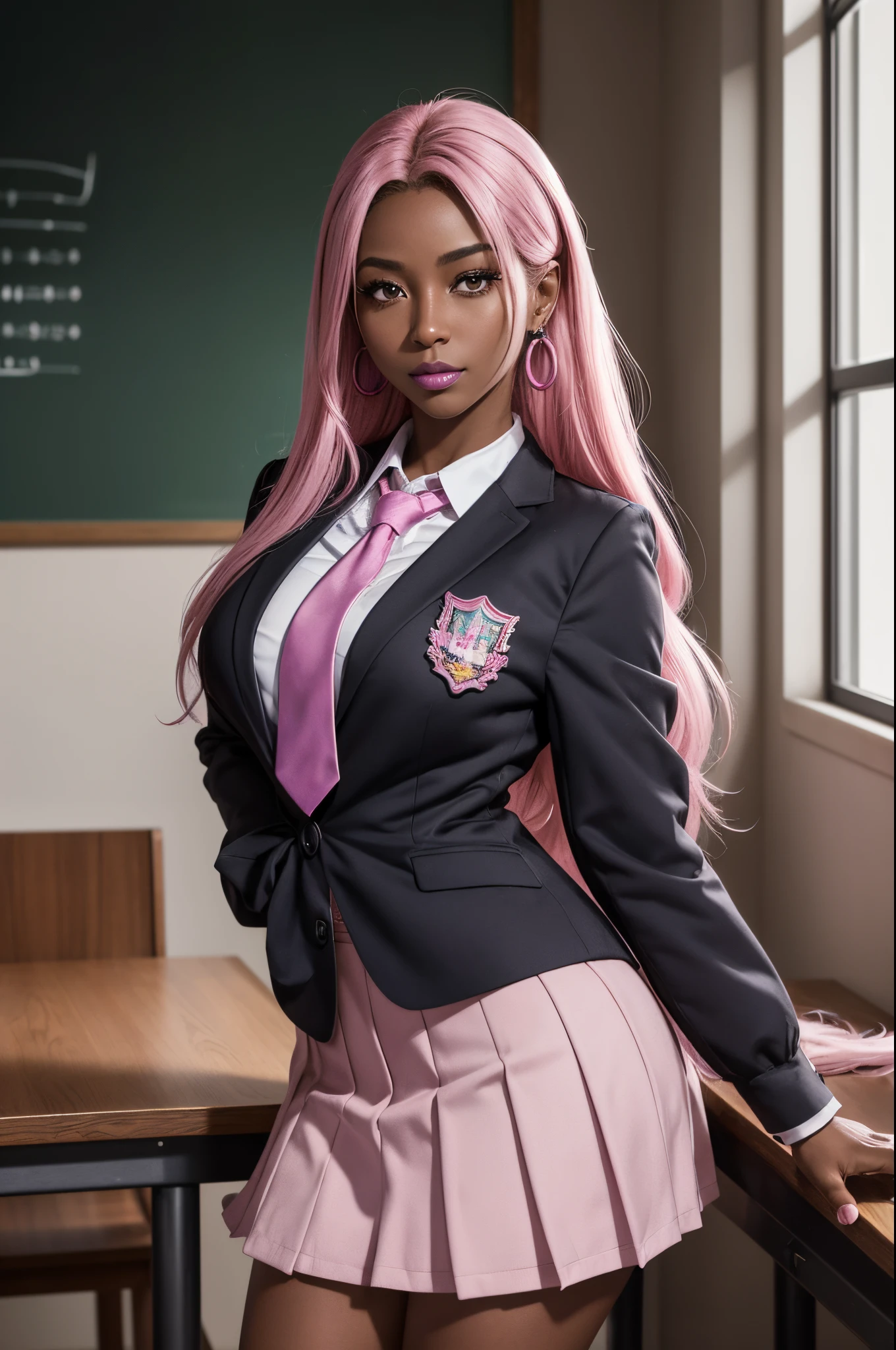 8K,(masutepiece, hight resolution, Best Quality:1.3), 8K, Highly detailed, Convoluted, colorful and vivid images, Sharp Focus, digital blending, 4K, Trending on pixiv Ingrid, ((School uniform)), Solo, 40 year old curve, (dark skinned female:1.15), Dark skin, Posing, crass room, The table, Chair, Warizari, (deadpan:1.2), Looking at Viewer, Cowboy Shot, Pink hair, Very long hair, Ode, Hair intake, Purple Lipstick, makeup, mole under mouth, Perfect, perfect face, ultra-detailed hair, hyperdetailed face, earrings, hyperdetailed lips, large super detailed lipstick,超A high resolution,super realistic skin,