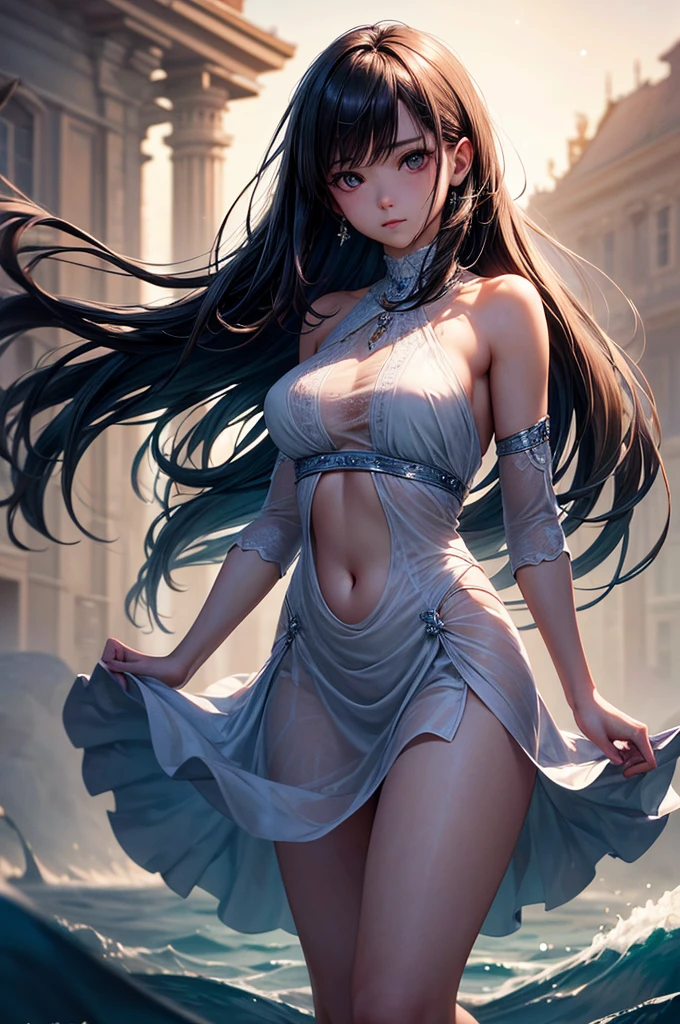"Create an enchanting illustration of an anime-inspired girl amidst a vibrant cityscape backdrop. She should be wearing an ethereal, transparent dress that gracefully flows in the wind. The dress design should be intricate yet tasteful. The city lights should shimmer against the twilight sky, casting a mesmerizing glow. The character should exude both elegance and confidence while having moderate bust size. The illustration should be in stunning 8K resolution, capturing every delicate detail with precision."