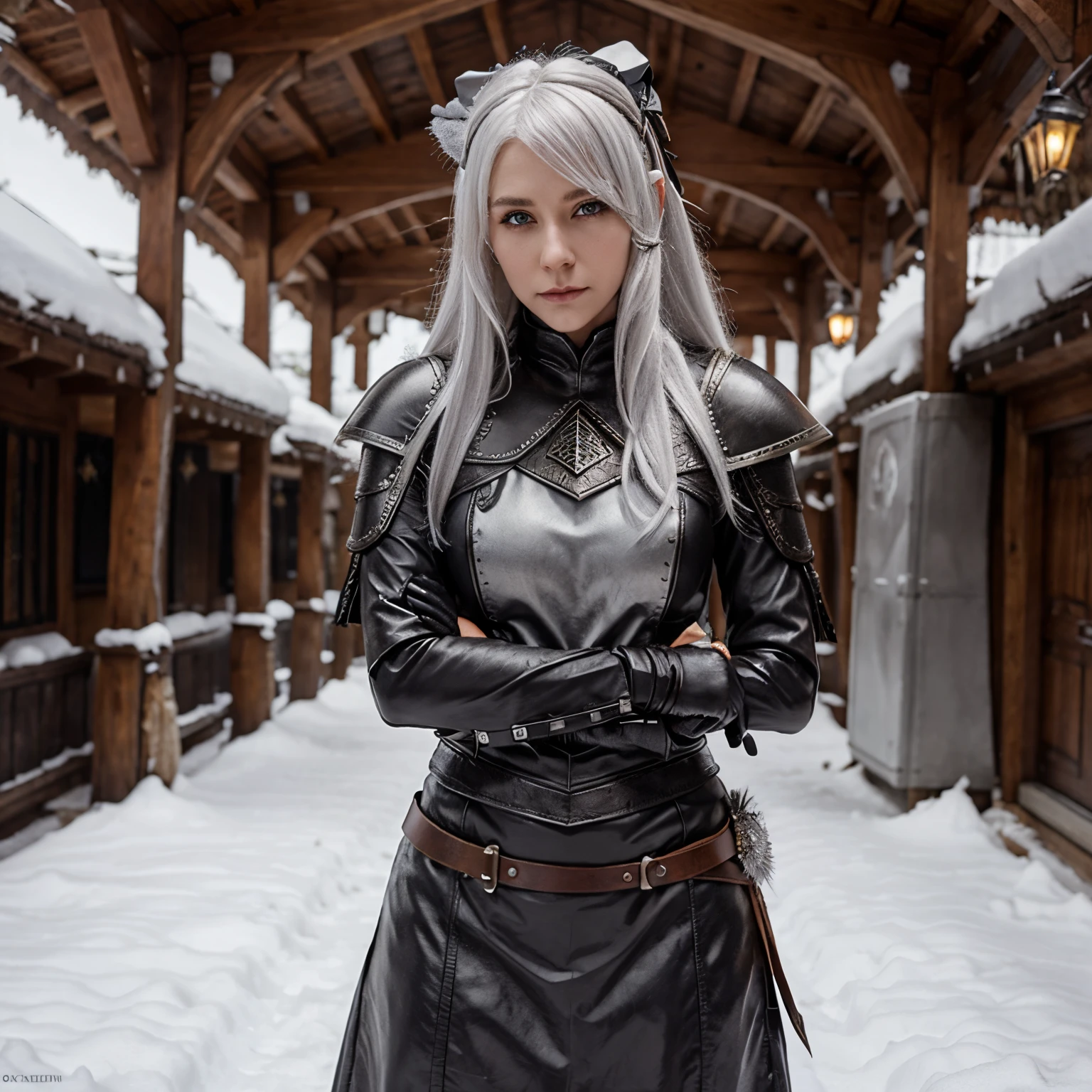 Winter dnd Eladrin girl with leather armor and a bow. White hair grey eyes