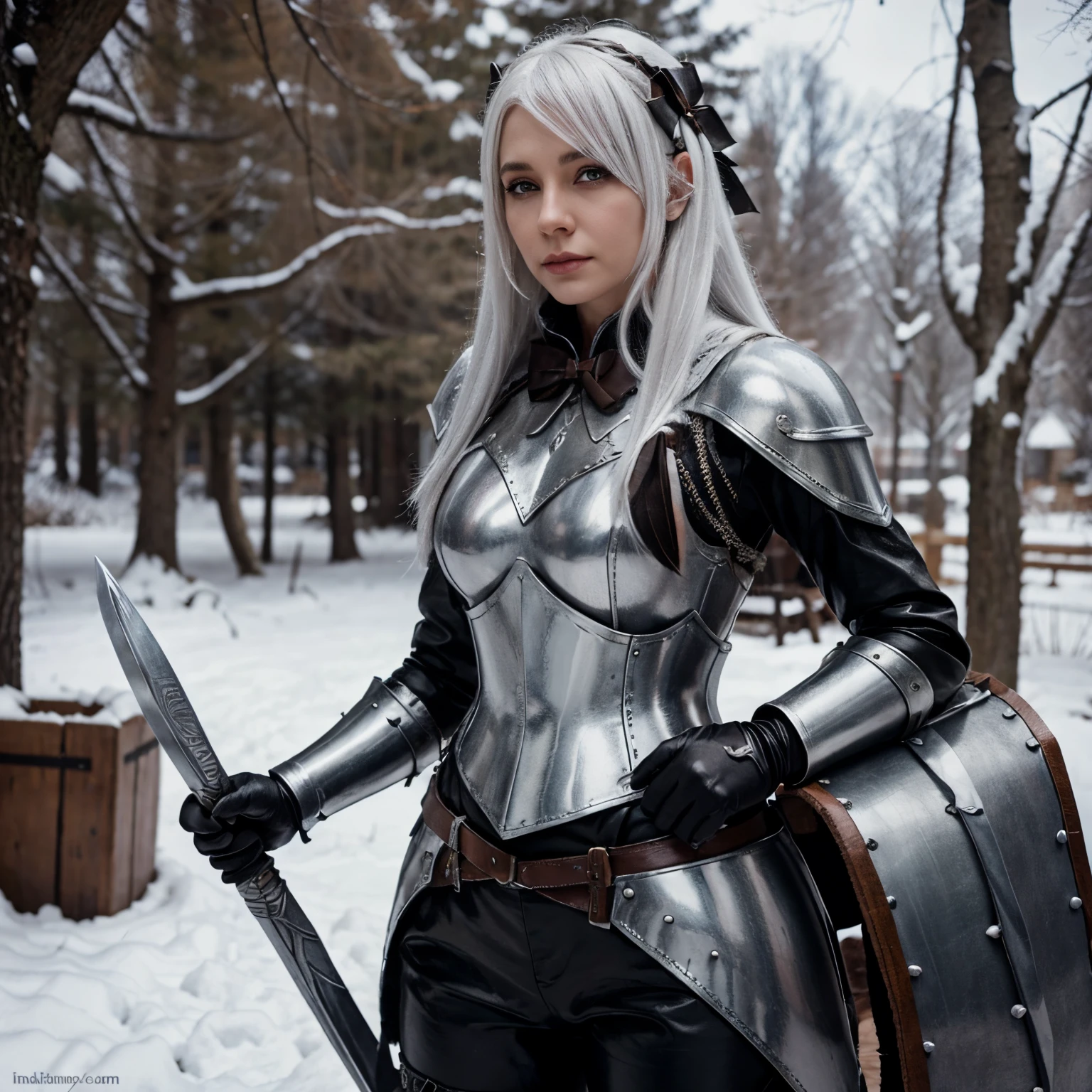 Winter dnd Eladrin girl with leather armor and a bow. White hair grey eyes