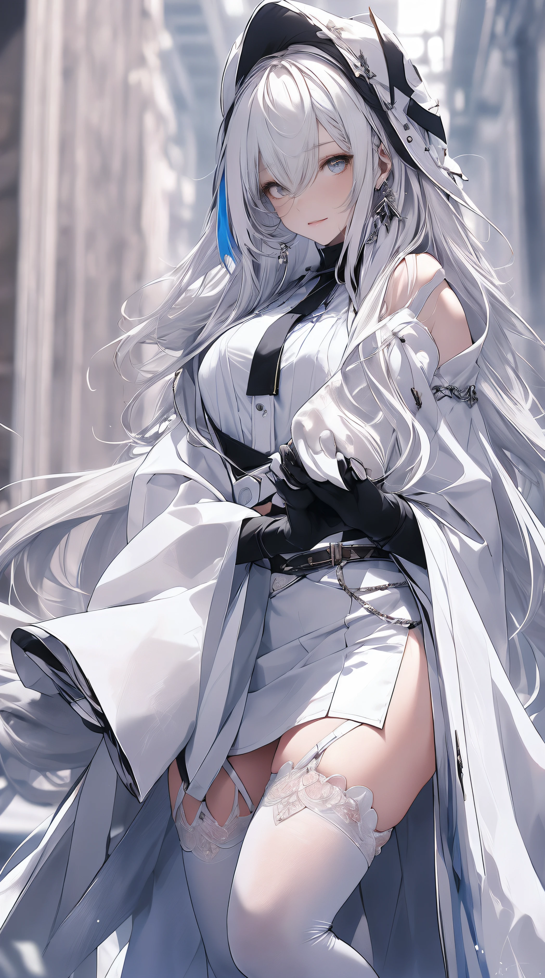 , (tmasterpiece:1.2), Best quality,MIDJOURNEY,
1 busty girl, own, Long gray hair, Very long hair, looking at viewert, Has gray hair, colorfulhair, white backgrounid, through bangs, mitts, a skirt, Black gloves, fail, Striped hair, reflector, longer sleeves, Wide sleeves, White footwear, Hooded, White hair, close your mouth, red hair clothing