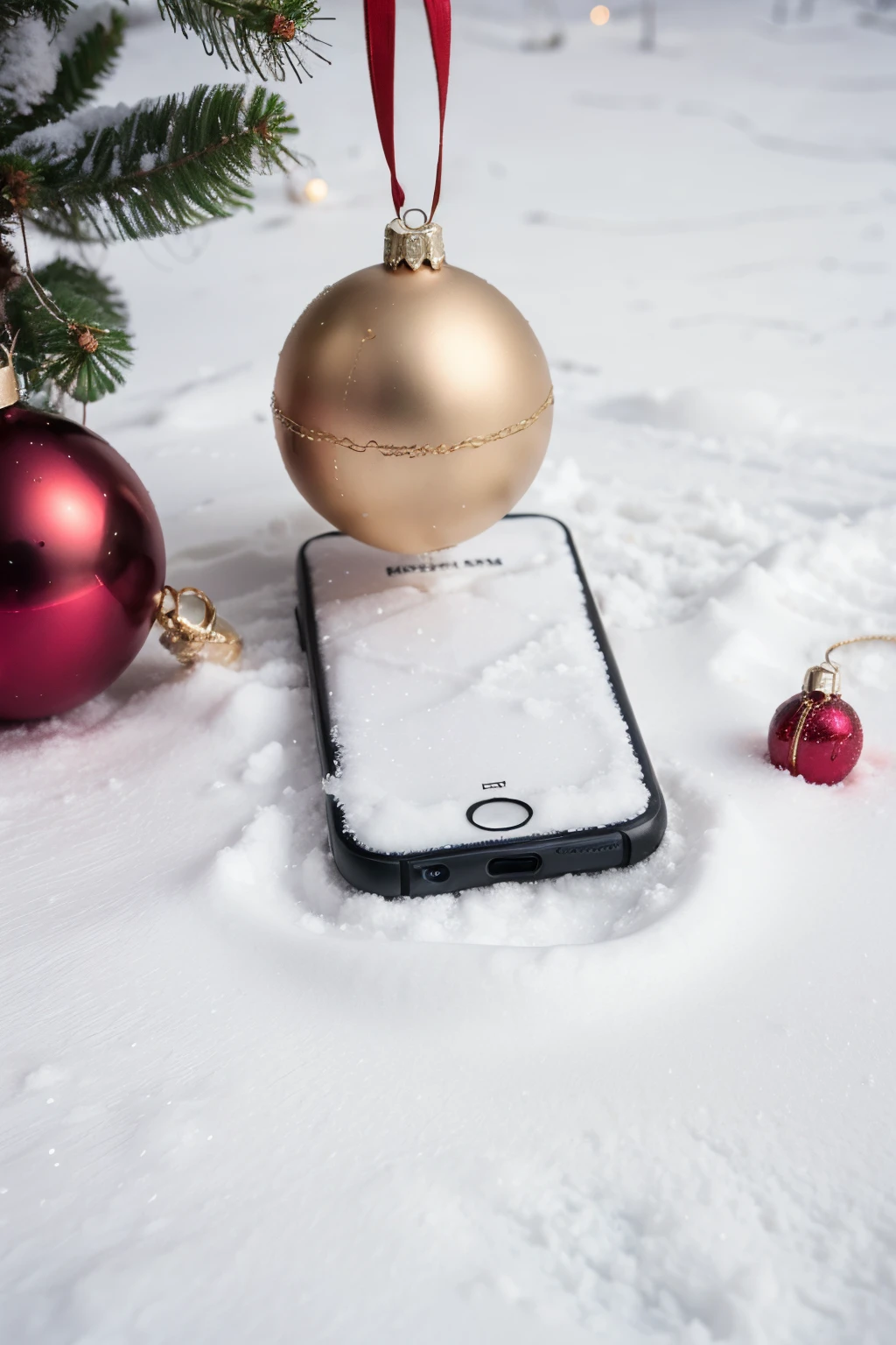 close up iPhone laying half in the snow surrounded by Christmas ornaments and garland. isometric view, hyper realistic