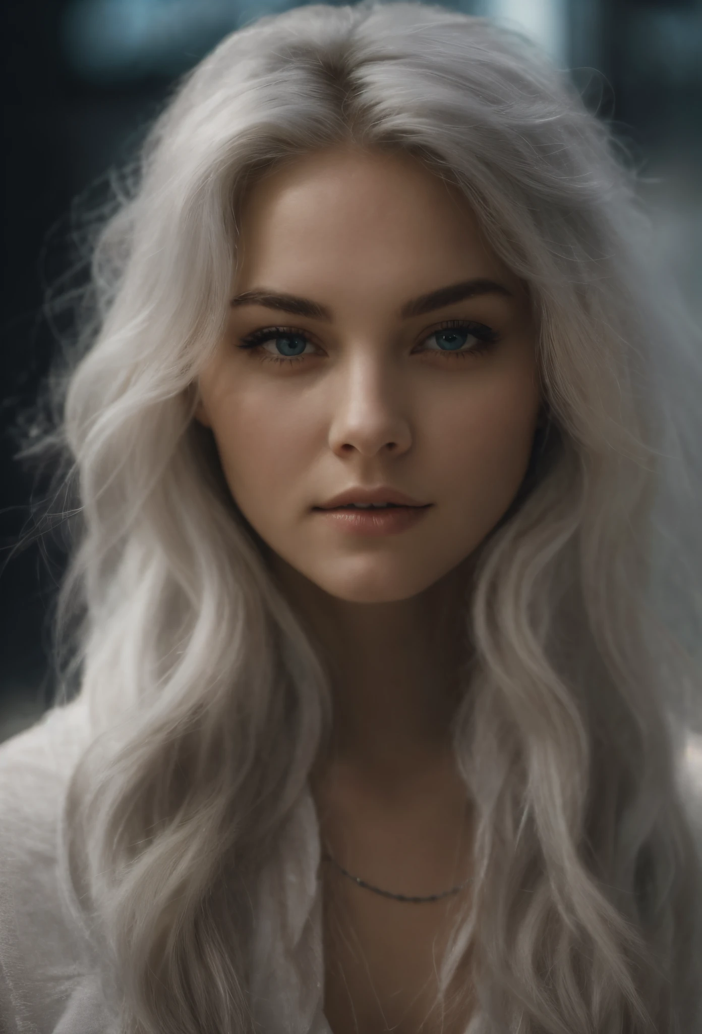 a close up of a woman with long hair and a necklace, soft portrait shot 8 k, perfect white haired girl, photo of a beautiful woman, girl with white hair, white haired, color photograph portrait 4k, girl silver hair, highly detailed vfx portrait, 4k hd. snow white hair, intense white hair, portrait. 8 k high definition, scar in right eyebrow, short hair