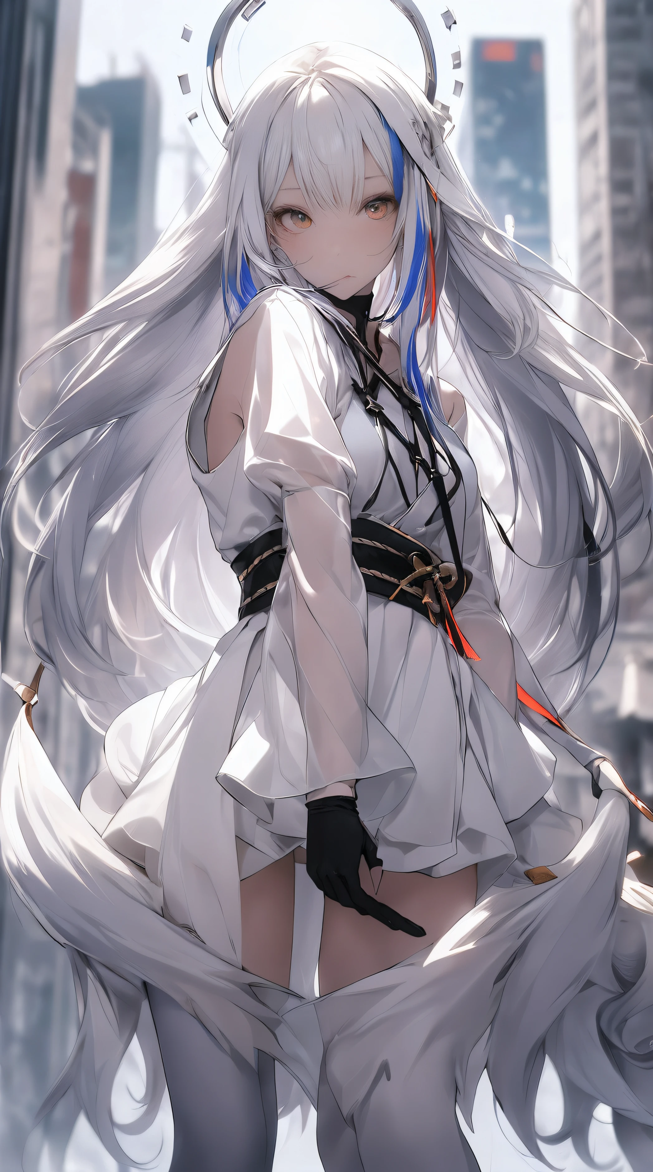 , (tmasterpiece:1.2), Best quality,MIDJOURNEY,
1 busty girl, own, Long gray hair, Very long hair, looking at viewert, Has gray hair, colorfulhair, white backgrounid, through bangs, mitts, a skirt, Black gloves, fail, Striped hair, reflector, longer sleeves, Wide sleeves, White footwear, Hooded, White hair, close your mouth, red hair clothing
