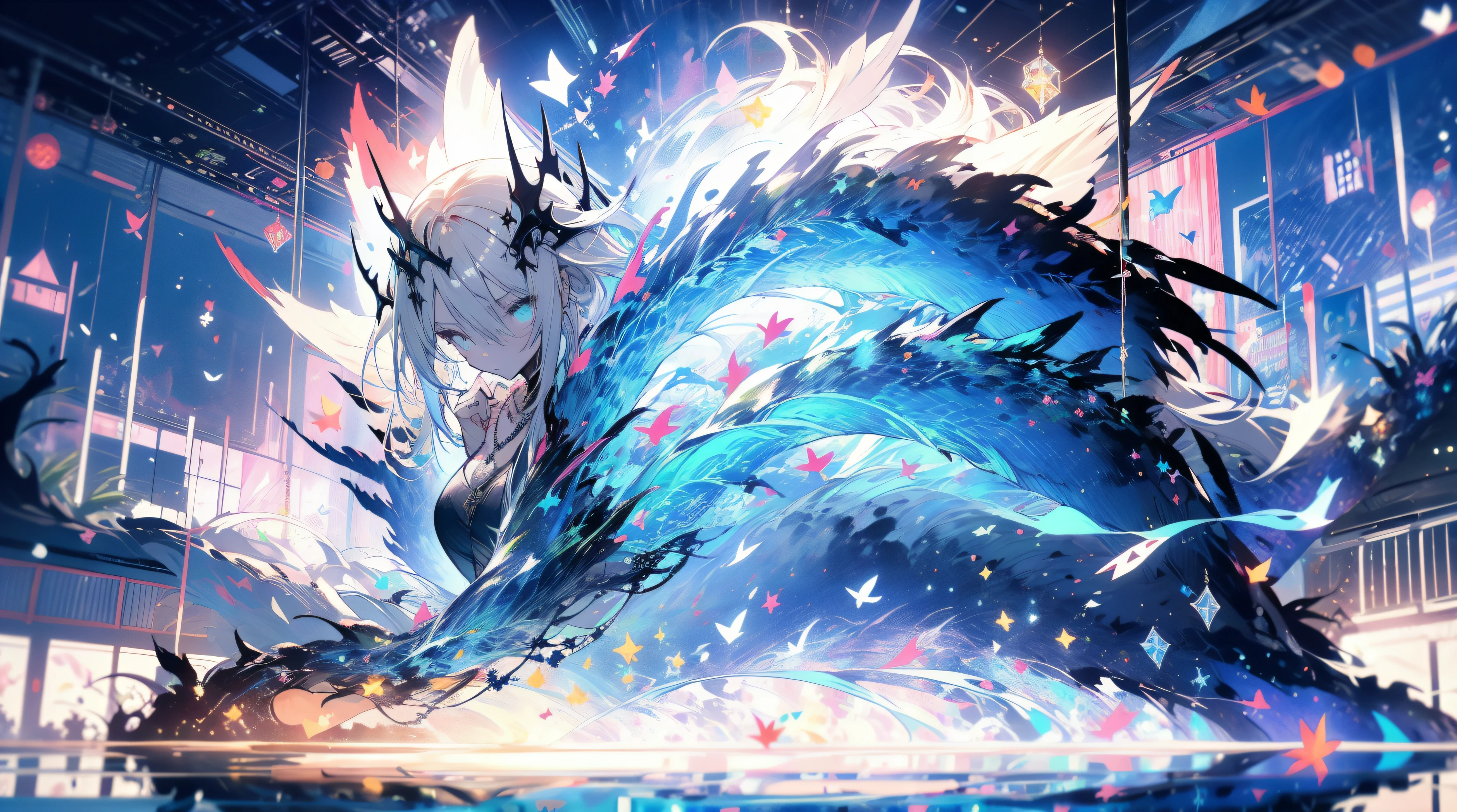 (((tmasterpiece))), (((Best quality at best)))), offcial art, extremely detaild的 CG unified 8k wallpapers, ((sketching))), natta, Sateen, beautiful detailed sky, galactic,starryskybackground,Beautiful and delicate water, GameCG, hugefilesize, sketching, report, Angelic, Long gray hair, combed blonde hair, Wet hair, hair between eye, Hair behind the ears, Carefree eyes and white eyelashes, yellow eyes, half closed eye, footwear, The halo, cross necklace, looking-down, sitted, Hold the long leather hair, leaf hair accessories, at a forest, lakeside, ((Bigchest))), ((( White robe))), long sleeve dynamo, white blindfold, Elf ears and golden wings are more yellow