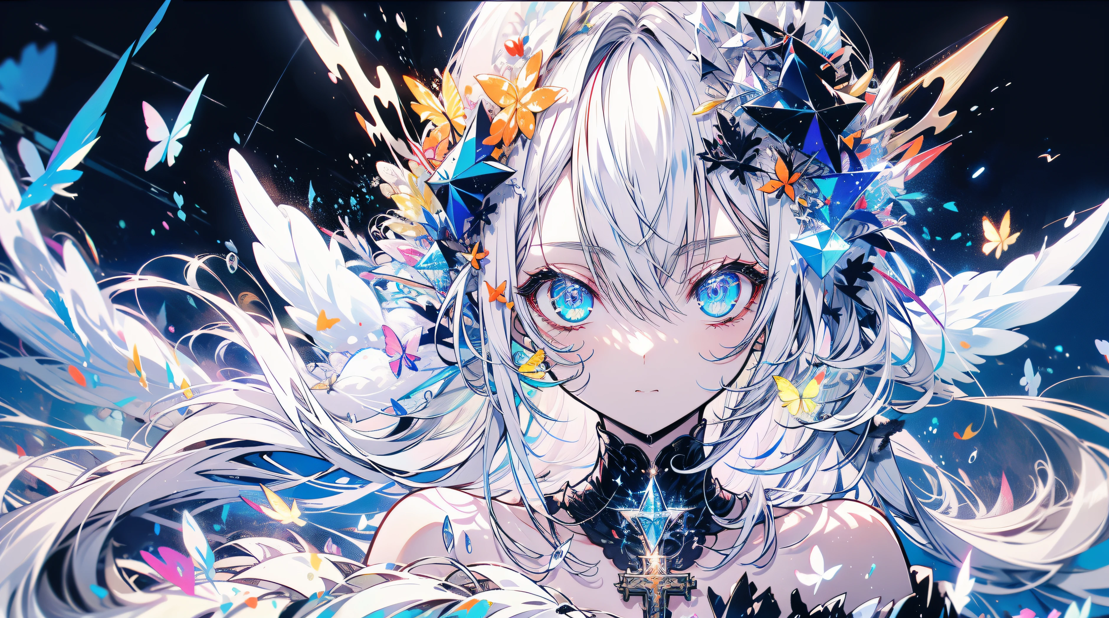 (((tmasterpiece))), (((Best quality at best)))), offcial art, extremely detaild的 CG unified 8k wallpapers, ((sketching))), natta, Sateen, beautiful detailed sky, galactic,starryskybackground,Beautiful and delicate water, GameCG, hugefilesize, sketching, report, Angelic, Long gray hair, combed blonde hair, Wet hair, hair between eye, Hair behind the ears, Carefree eyes and white eyelashes, yellow eyes, half closed eye, footwear, The halo, cross necklace, looking-down, sitted, Hold the long leather hair, leaf hair accessories, at a forest, lakeside, ((Bigchest))), ((( White robe))), long sleeve dynamo, white blindfold, Elf ears and golden wings are more yellow