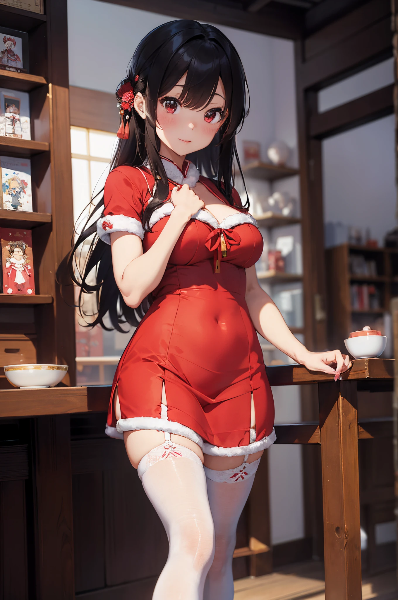 a close up of a woman in a red dress posing for a picture, anime barbie in white stockings, japanese goddess, anime barbie doll, wearing a red cheongsam, skydoll noa, christmas, very detailed and high quality, chinese dress, h 576, hyperrealistic full figure, asian girl, rin, ultrarealistic sweet bunny girl, sha xi